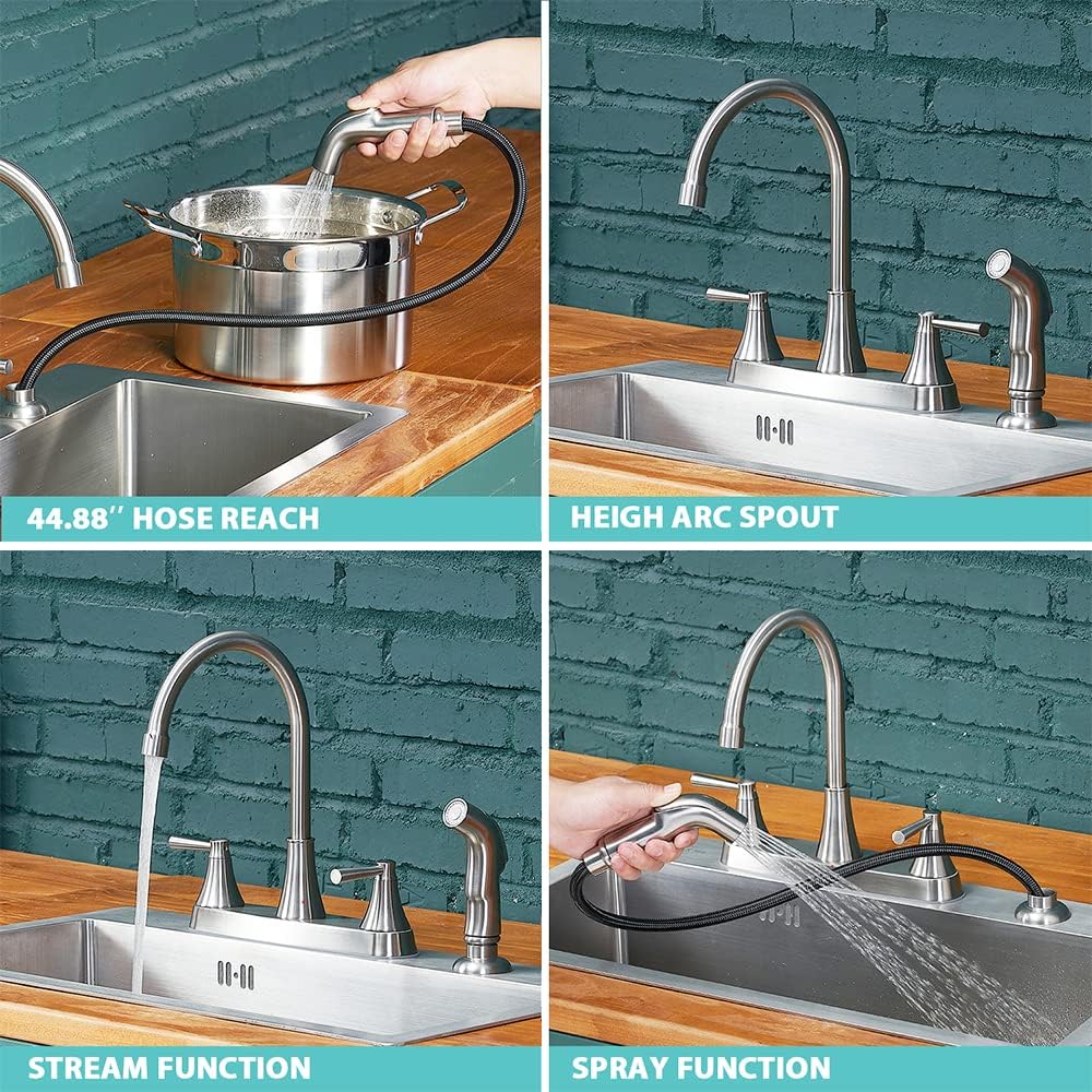 Vsunhoo Kitchen Faucet With Sprayer, Brushed Nickel Stainless Steel, 3-Hole Rv Utility Touch Kitchen Faucet With Side Sprayer, Tdlkf29L