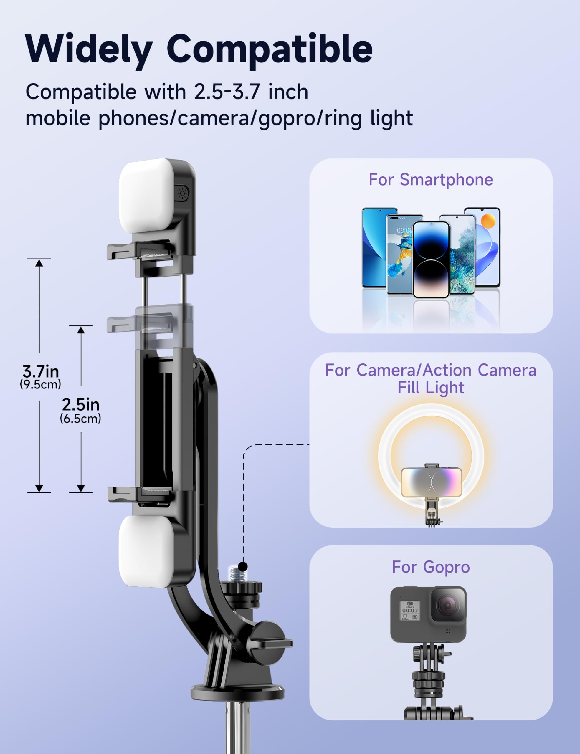 Selfieshow 53'' Selfie Stick Tripod With Light, Extendable Selfie Stick With Remote, Portable Cell Phone Tripod Stand With All In 1 Phone Clip, Lightweight Camera Tripod Compatible With Iphone 15 14 13, Android