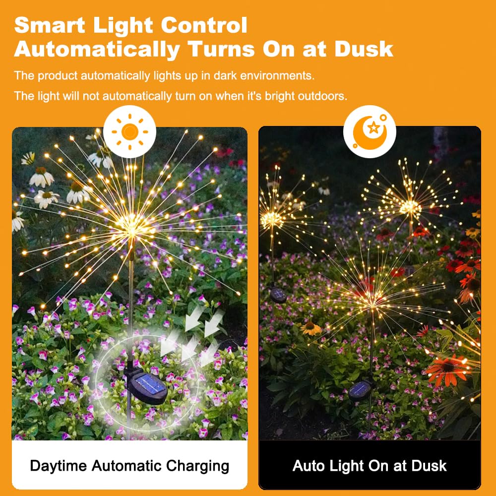 Hshine 2-Pack Solar Firework Lights Garden Decorations,150 Leds Outdoor Sparkler Fairy Lamps With 8 Modes, Waterproof Landscape Yard Pathway Christmas Decor