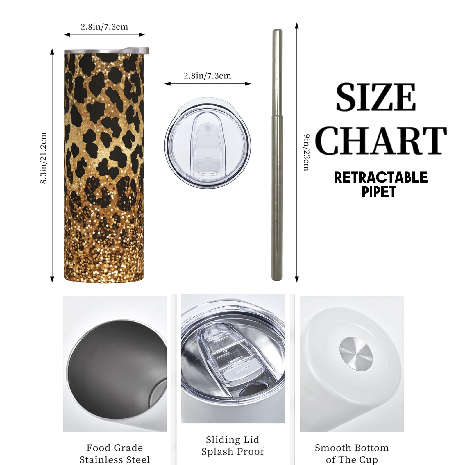 Glitter Leopard Stainless Steel Insulated Tumbler With Lid And Straw - 20Oz Gold Cheetah Travel Mug