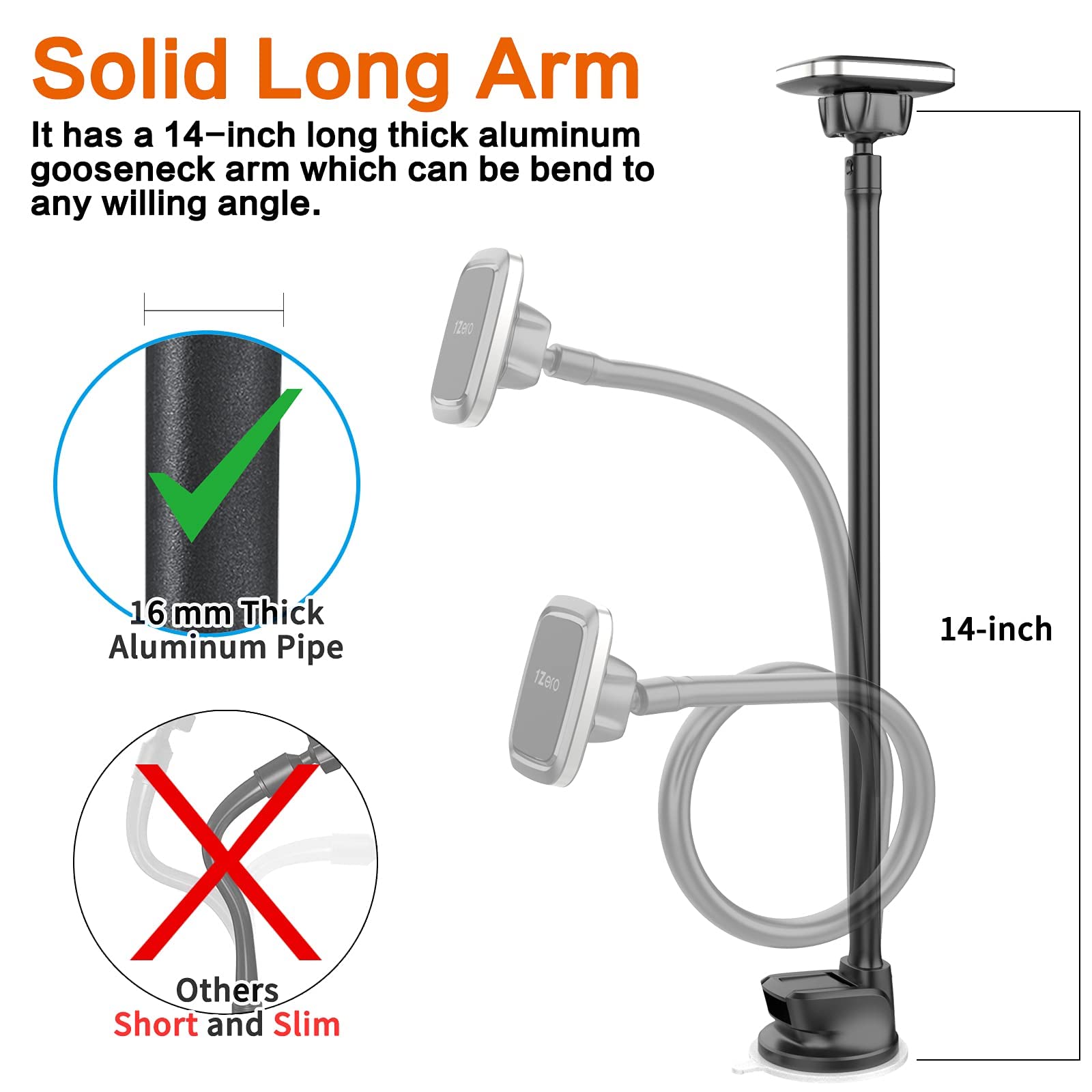 1Zero Magnetic Phone Car Mount 14-Inch Gooseneck Long Arm Extension, Universal Windshield Dashboard Industrial-Strength Suction Cup Car Phone Holder With 6 Strong Magnets, For All Cell Phones Iphone