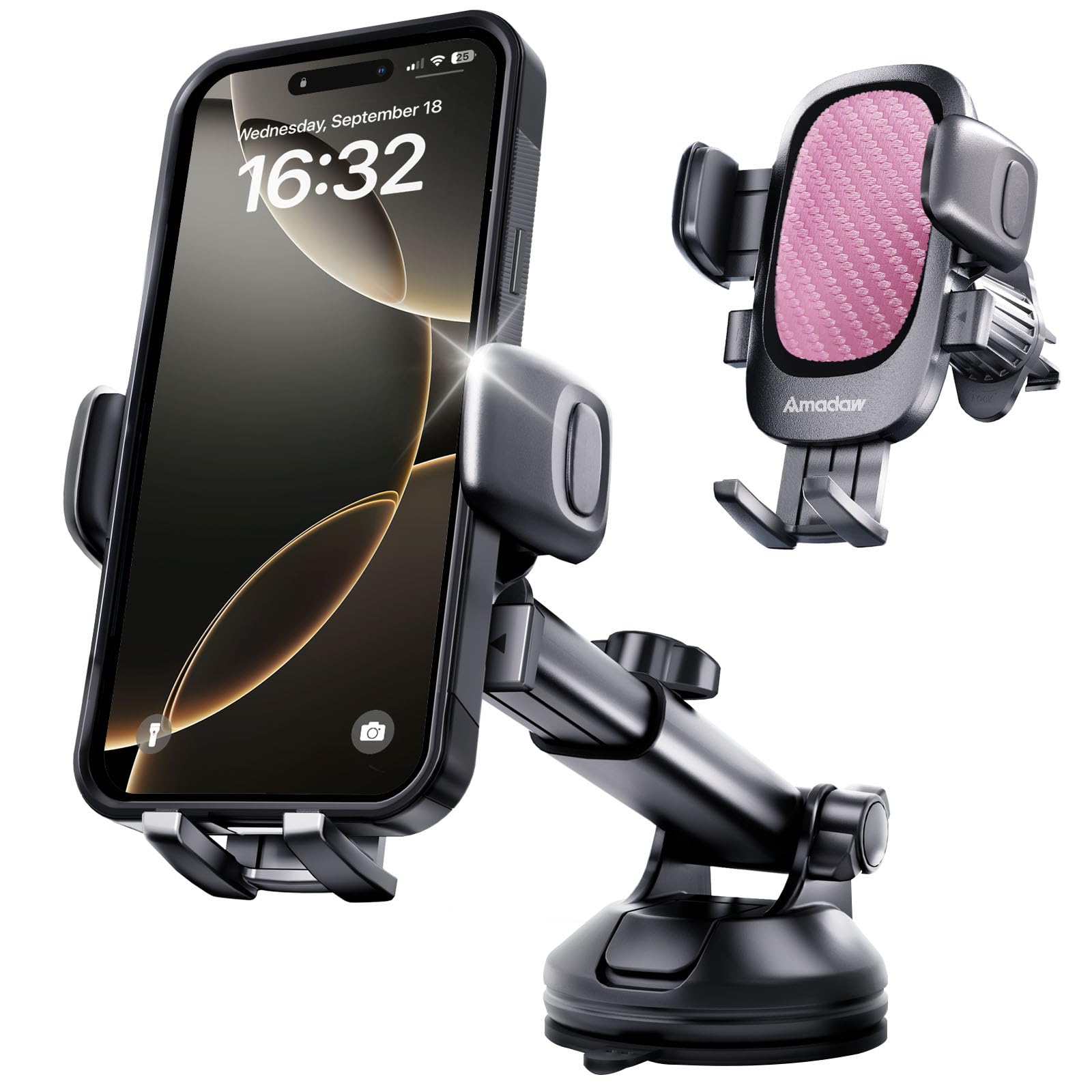 Amadaw Phone Holders For Your Car 3-In-1 Universal Mount For Windshield, Dashboard & Air Vent  Compatible With Iphone & Android Smartphones  Secure Fit For Pickup Trucks, Suvs & Sedans (Pink)