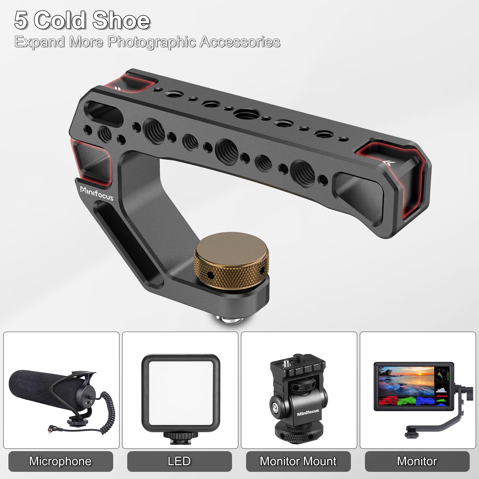 Minifocus Top Handle With 3/8"-16 Locating Pins, Universal Camera Handgrip With 5 Cold Shoe Mount For Microphone, Led Light, Monitor, 1/4", 3/8" Threaded Holes With Locating Pins For Arri Grip