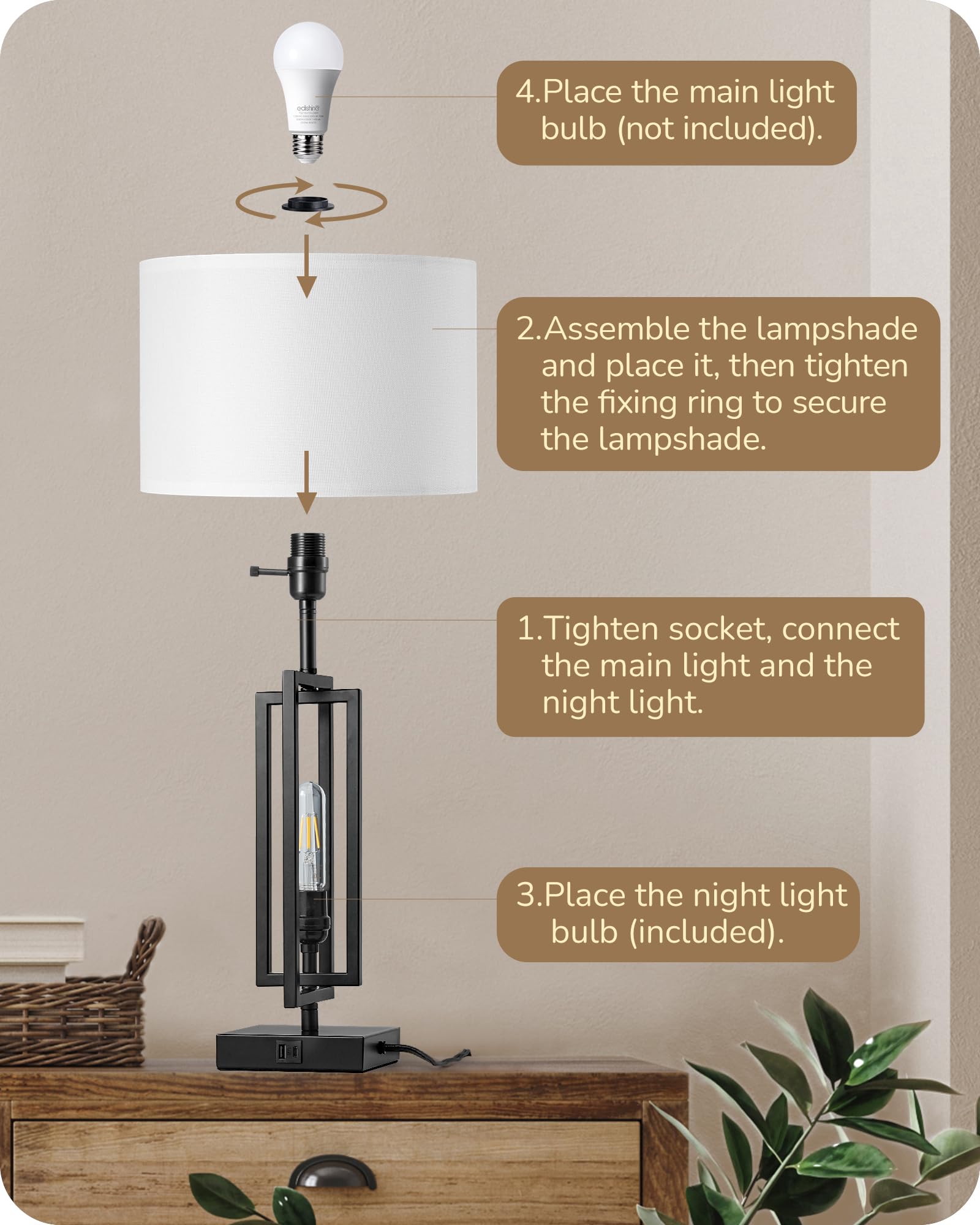 Edishine 25.6" Tall Table Lamp With Night Light, Farmhouse Bedside Lamp Set Of 2 With Usb Charging Ports, Touch 3-Way Dimmable Nightstand Lamp For Living Room, Bedroom, Home Decor