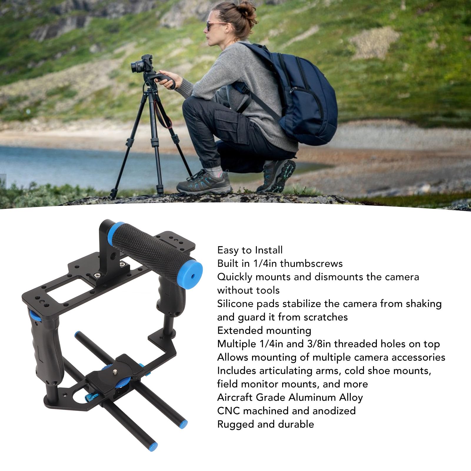Yanmis Universal Camera Video Cage With Handle, Double Rod Base, Easy To Install, Expanded Mount For Dslr Cameras