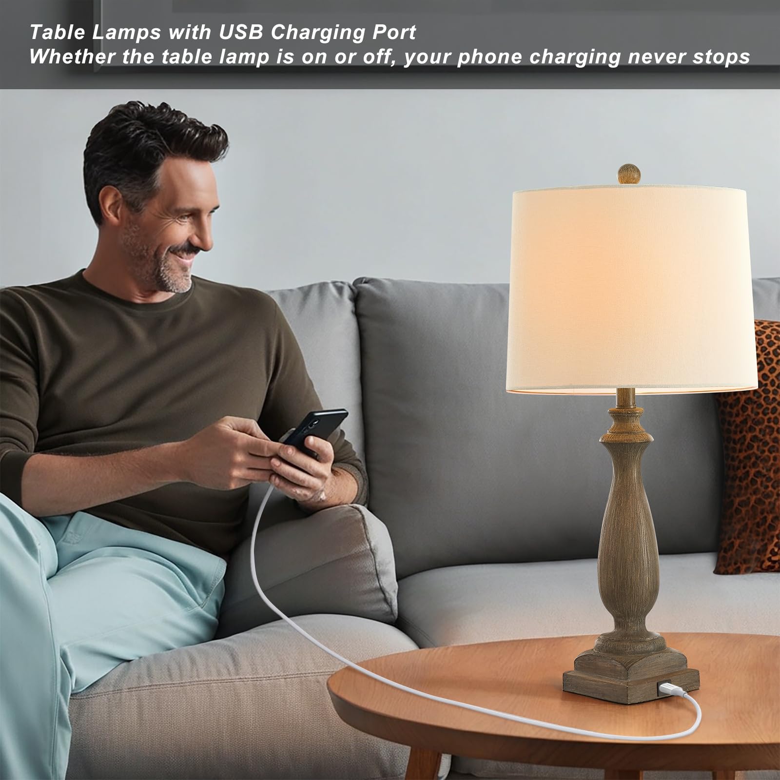 Hightry Rustic Bedside Lamps Set Of 2, 26.6" Table Lamp With Usb Port, 3 Way Dimmable Farmhouse Nightstand Resin Lamp For Bedroom Living Room Office