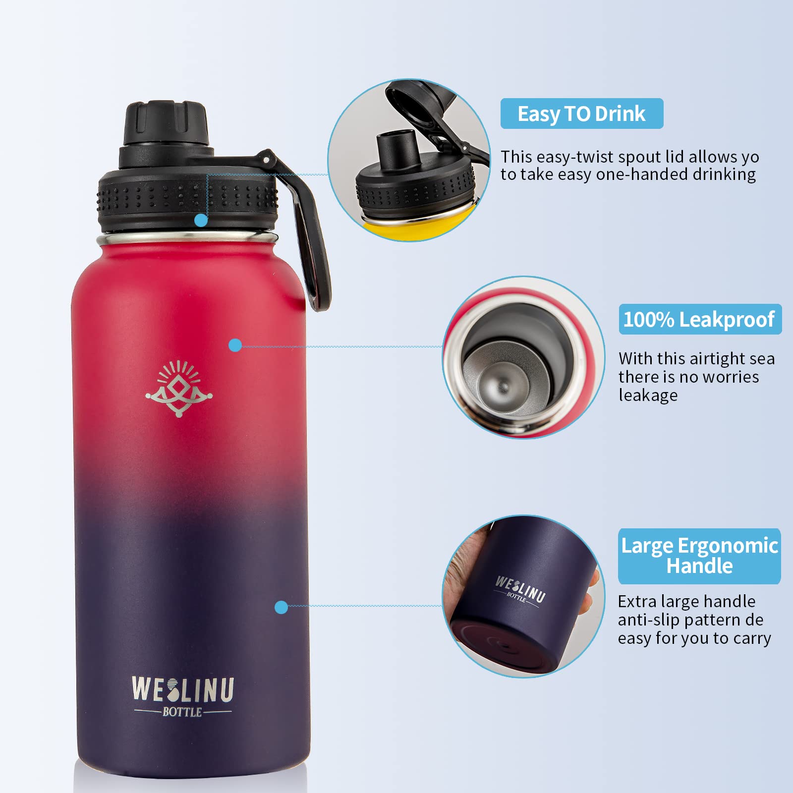Stainless Steel Water Bottle - Insulated Sport Water Bottle With Straw And Red Purple