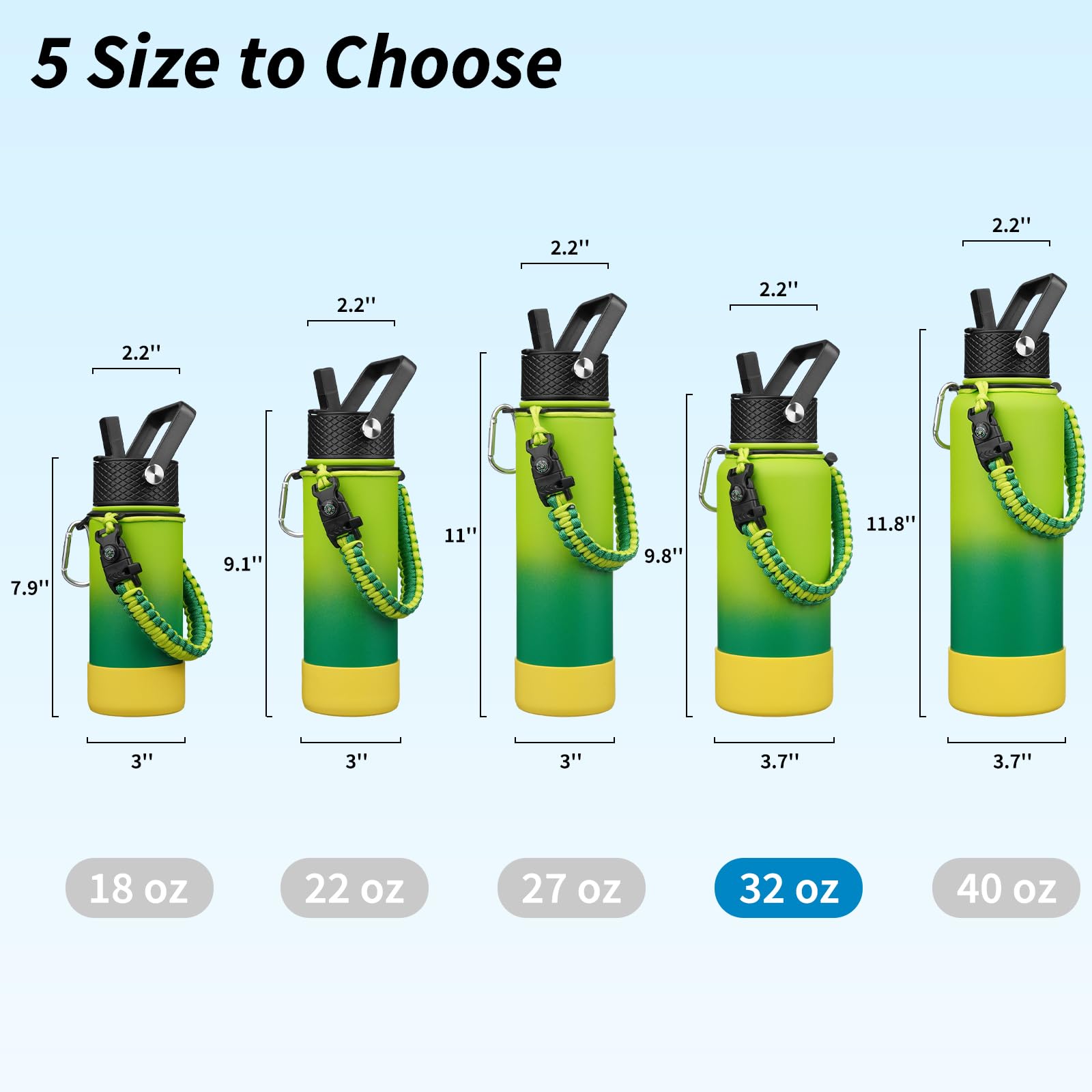 Bjpkpk 32Oz Insulated Water Bottles With 3 Lids, Paracord Handle & Non-Slip Boot, Stainless Steel