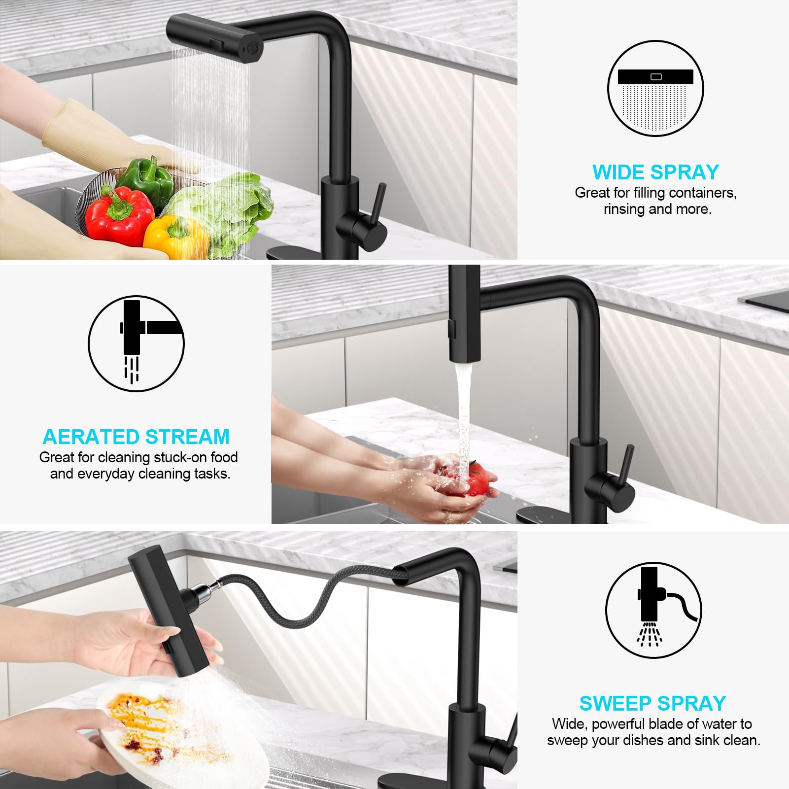 Avsiile Matte Black Single Hole Kitchen Faucets With Pull Down Sprayer, Single Handle, High Flow Water, Pull Out Tap, Stainless Steel Sink Faucet, Suitable For Farmhouse Camper Laundry Rv Bar