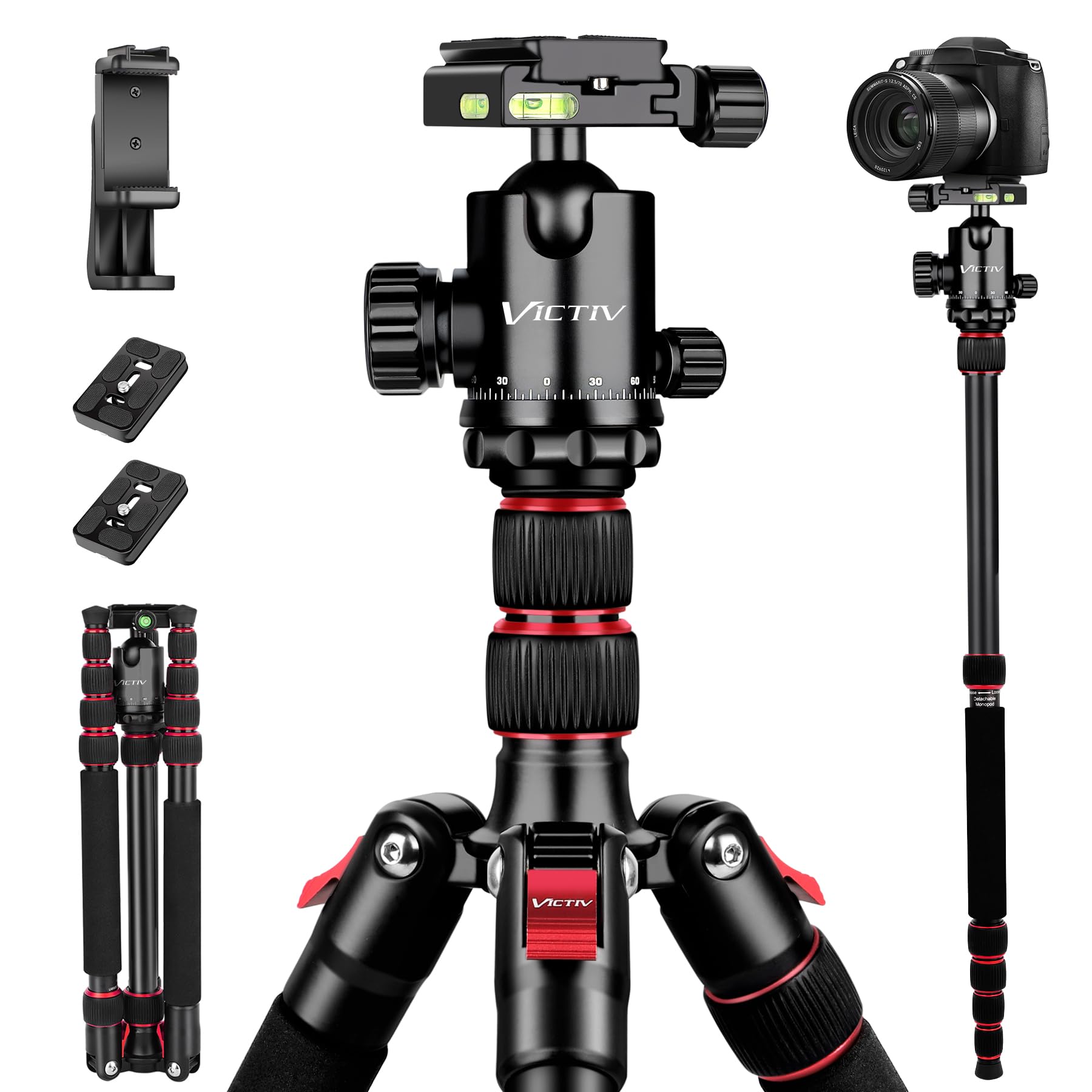 Victiv 80" Tripod, Aluminum Heavy Duty Camera Tripod Stand With 360° Ball Head, Camera Tripods & Monopods With Carry Bag, Professional Dslr Tripod For Canon Nikon Binoculars Spotting Scope Telescope