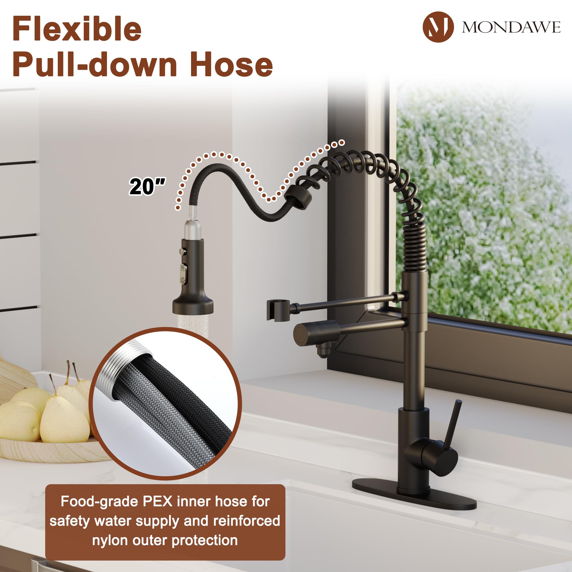 Mondawe 3 Way Spring Kitchen Faucet With Water Filter Faucet Solid Brass Single Handle Kitchen Sink Faucet With Pull Down Sprayer For Counter, Drinking Water Spout, Matte Black