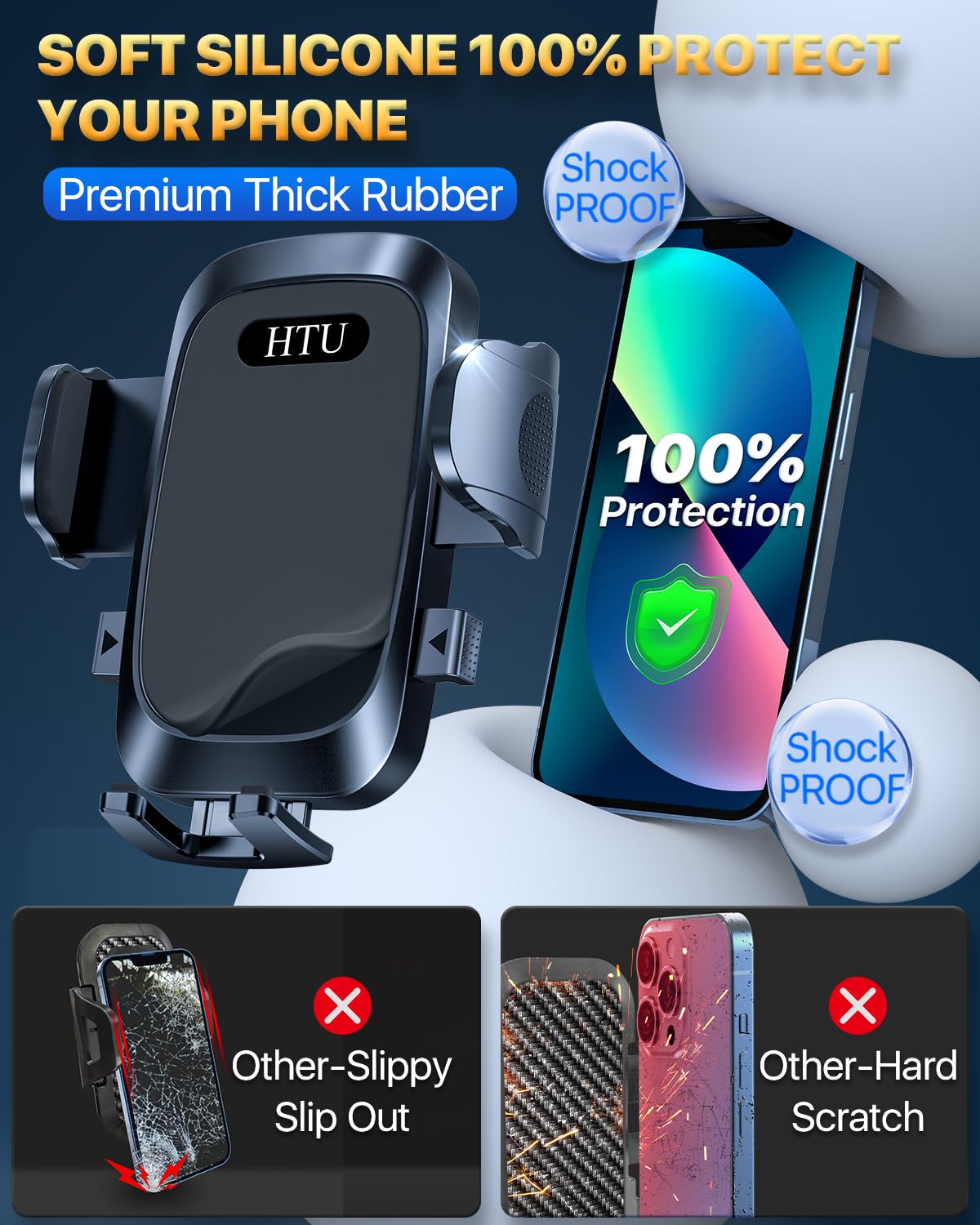 Htu [True Military-Grade Car Phone Holder [  Strongest Suction & Vent Clip] Cell Phone Car Mount For Dashboard Windshield Vent Truck Cradle Dash Stand,Black (Black)