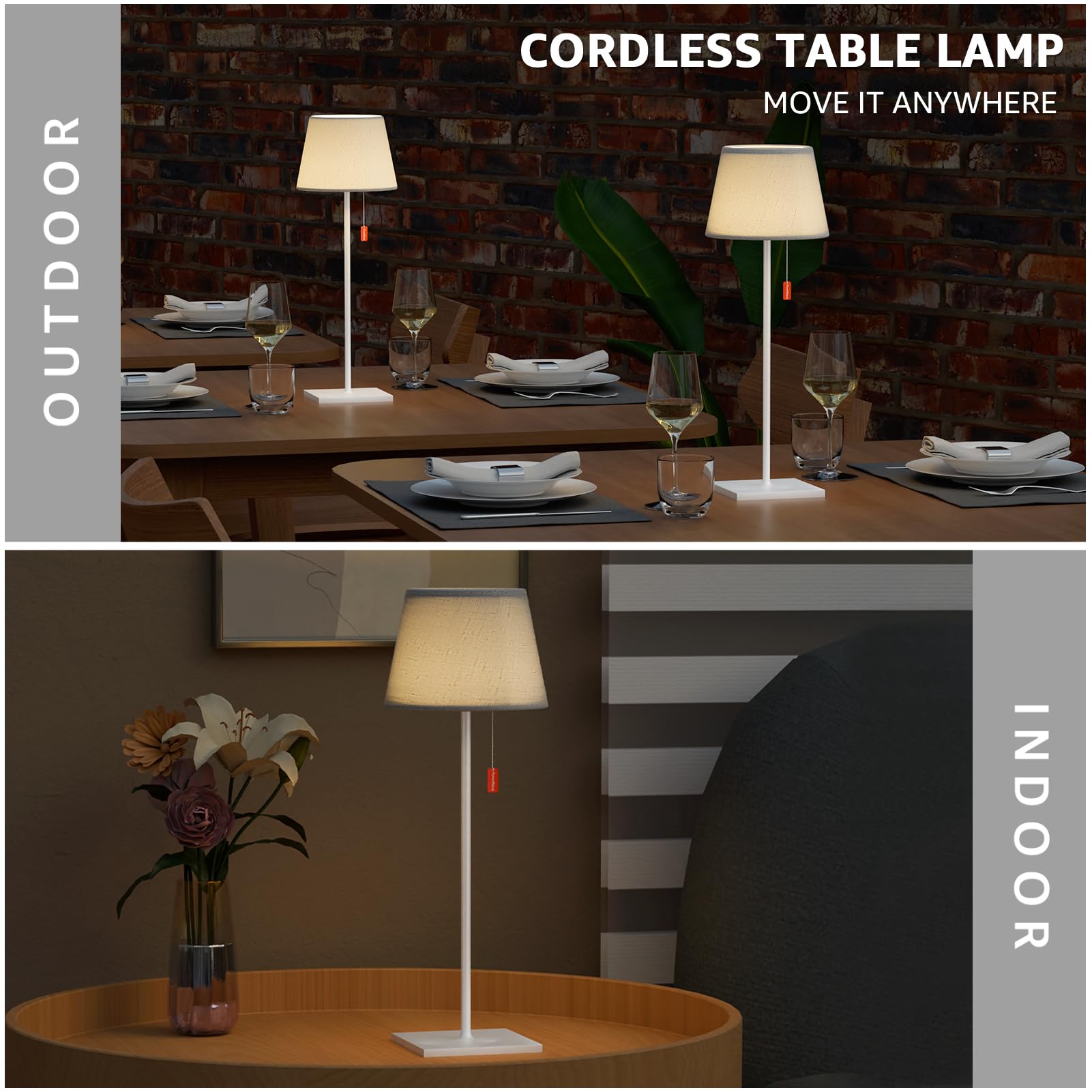 Uuffoo Cordless Lamp With 3-Level Brightness, Led Table Lamp With Built-In Rechargeable Battery, Rechargeable Lamp With Pull Cord, Waterproof For Patio, Ambient For Dining Table, White