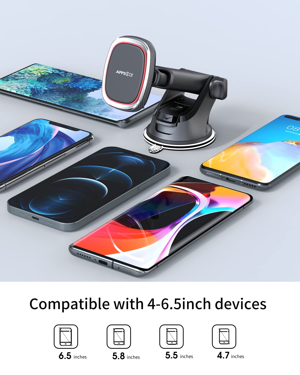 Apps2Car Magnetic Phone Mount, Dashboard Windshield Suction Cup Car Phone Holder Phone Mount With 6 Strong Magnets, Adjustable Telescopic Arm, Compatible With Iphone/Pro/Max/All Smart Phones