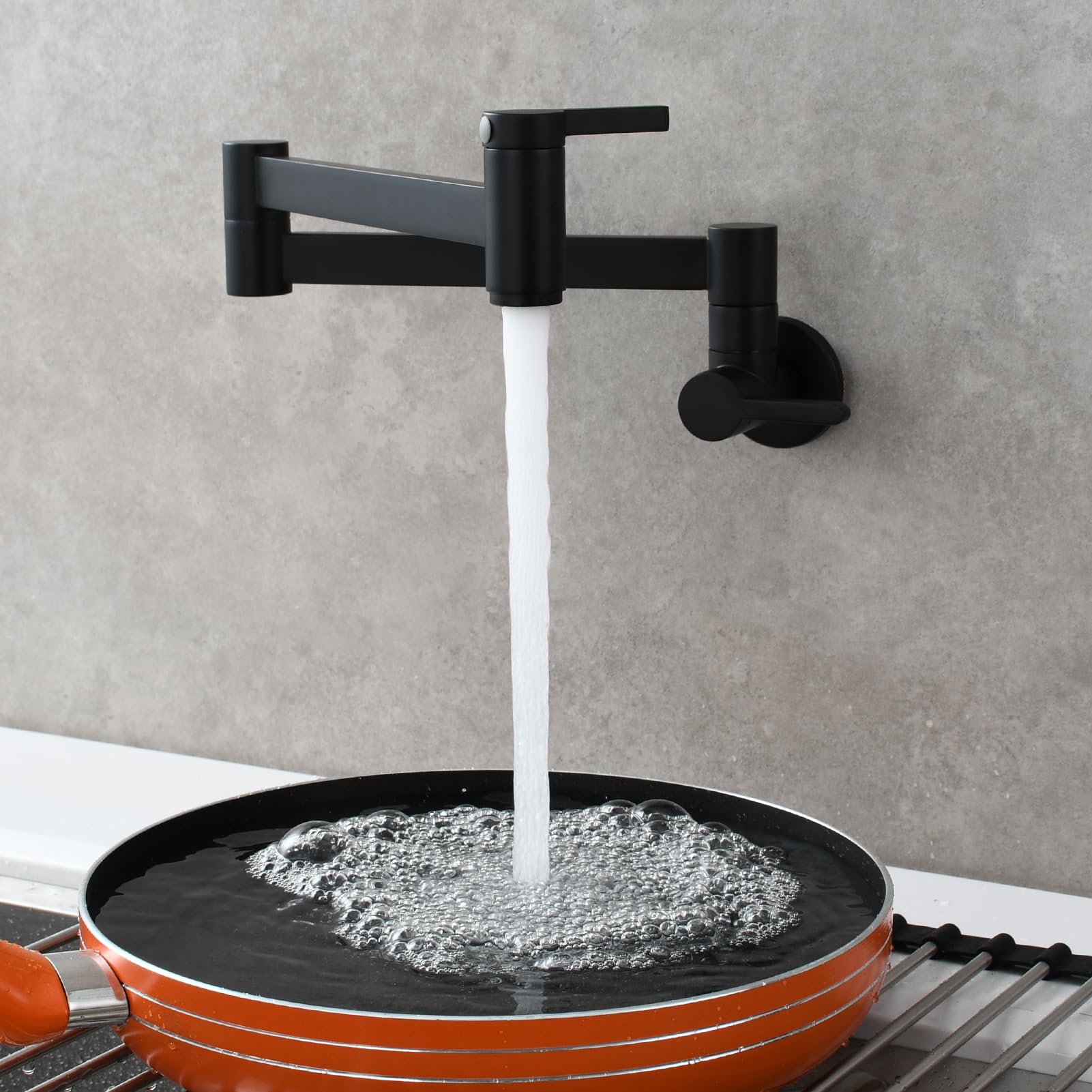 Tecmolog Kitchen Pot Filler Faucet Wall Mount Brass Folding Stretchable 2 Handles Kitchen Faucet Black, Ct172B