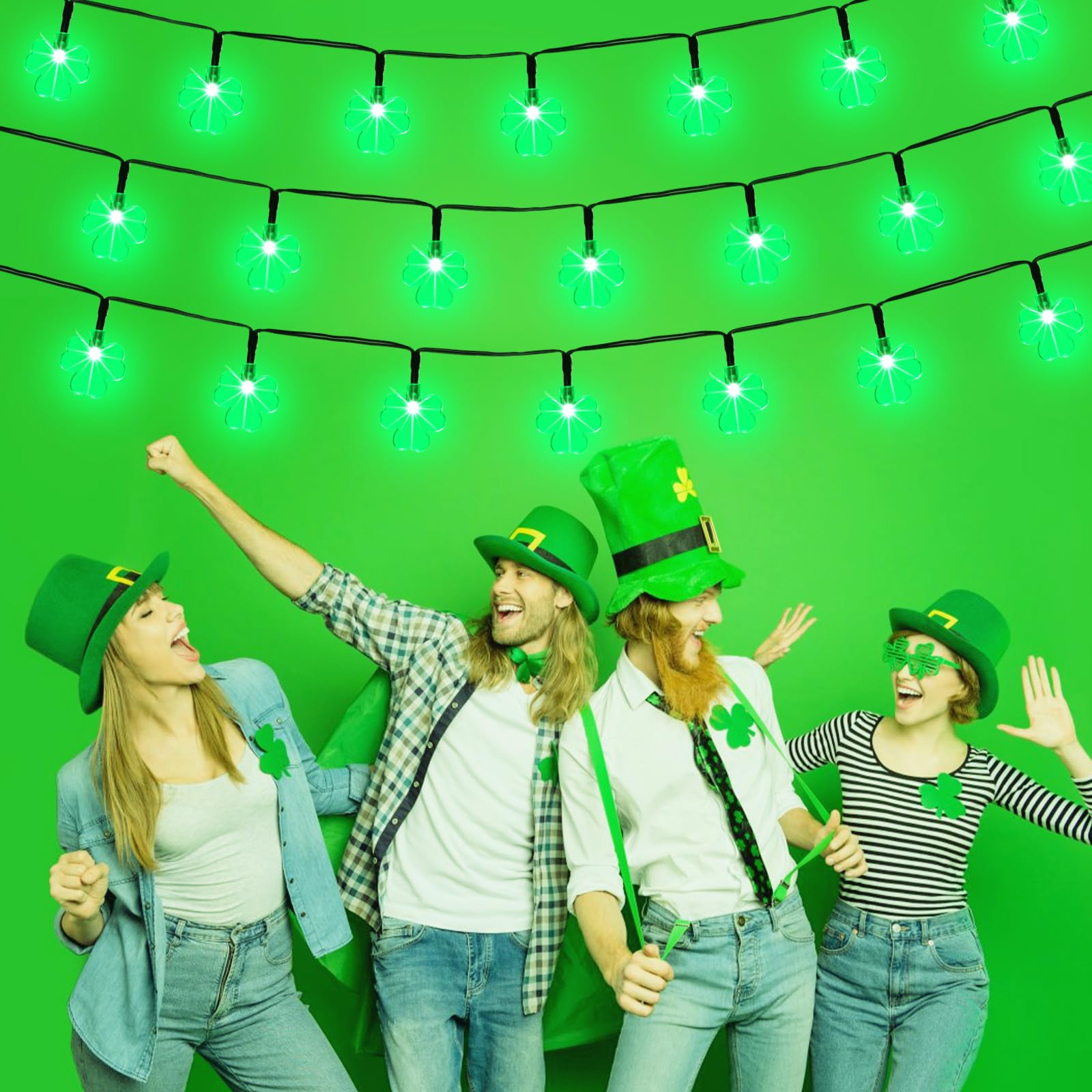 Behiller Green Shamrock Solar Garden String Lights For St. Patricks Day Outside Decorations,50Led Solar Shamrock Lights Lucky Irish Day  Decor,Solar Pathway Lights For Yard Home Spring Decor