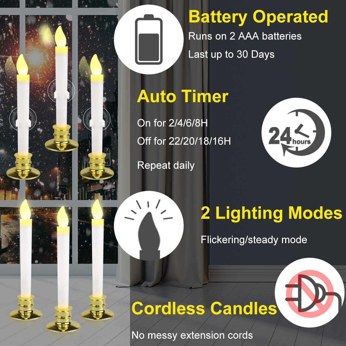 Kithouse 10 Set Christmas Window Candles Lights With Timer Battery Operated Electric Led Taper Candles Flameless For Windows, Gold Candle Holders, Suction Cups & 20 Pcs Battery Included (10 Set)