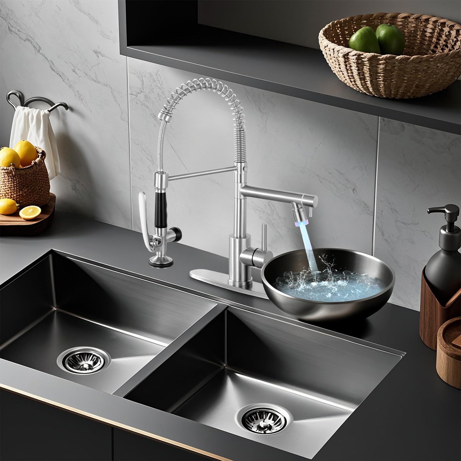 Fgkq Led Kitchen Faucets With Pull Down Sprayer, Commercial Kitchen Faucets, Two Head Kitchen Sink Faucets, High Pressure Faucet For Kitchen Sink, Stainless Steel, Brushed Nickel