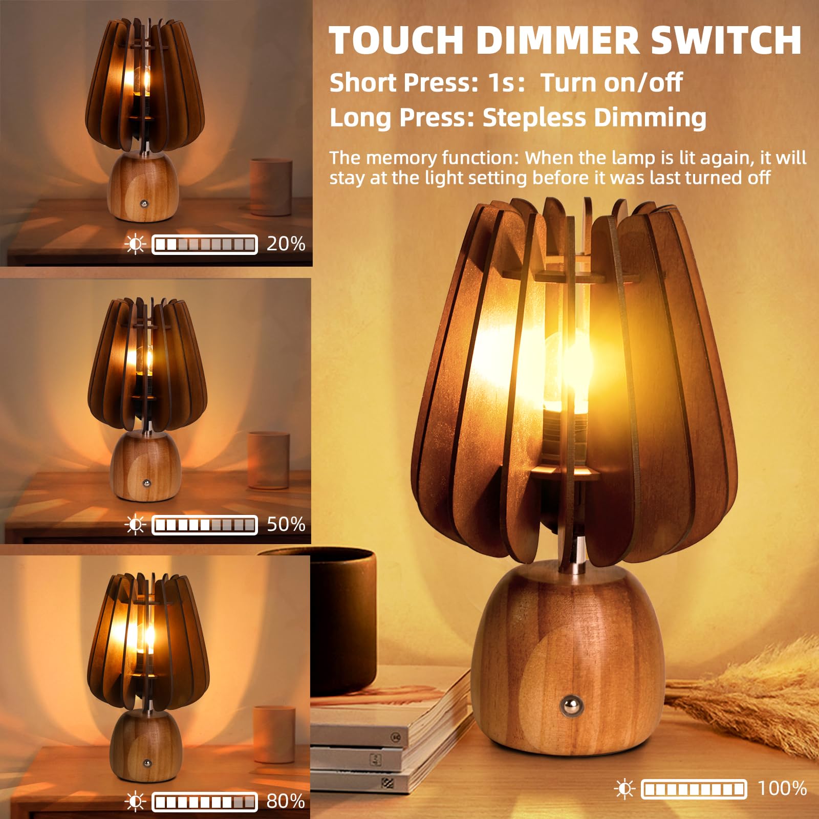 Mj Premier Rechargeable Table Lamp Cordless, Wooden Battery Operated Lamp With Touch Dimmer Switch - 1800Mah Mushroom Touch Lamp Wireless, Table Lamp For Bedroom/Livingroom/Bathroom/Kitchen/Corner/Entryway