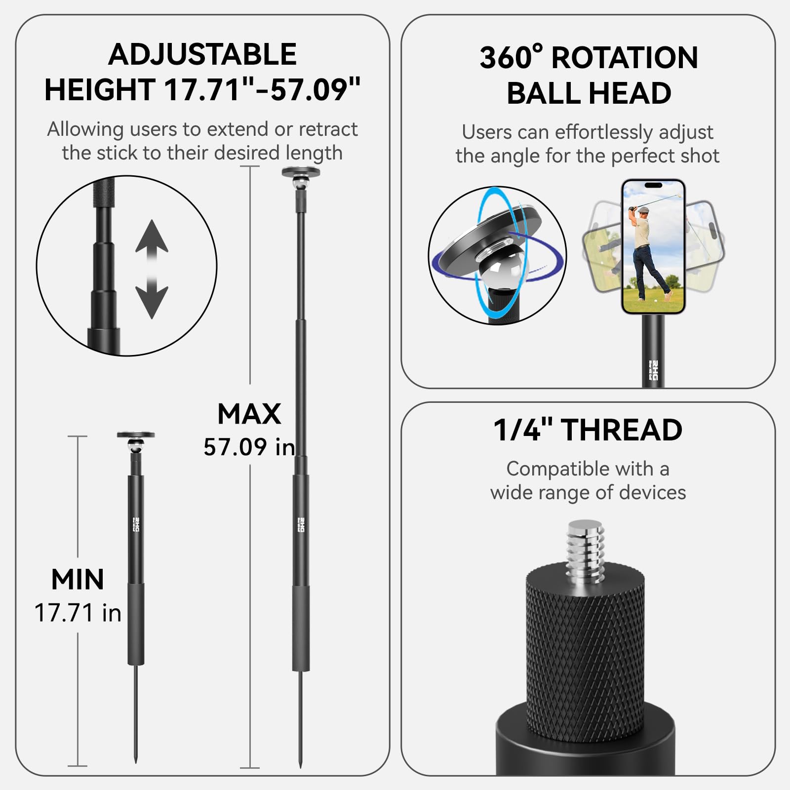 River Hill Golf Golf Monopod Stick, Golf Swing Phone Holder, 46" Magnetic Aluminum Alloy Selfie Stick W/Spike Stake Mount, Compatible W/Iphone Camera Magsafe, Adjustable Heigh Tripod, Golf Training Aid