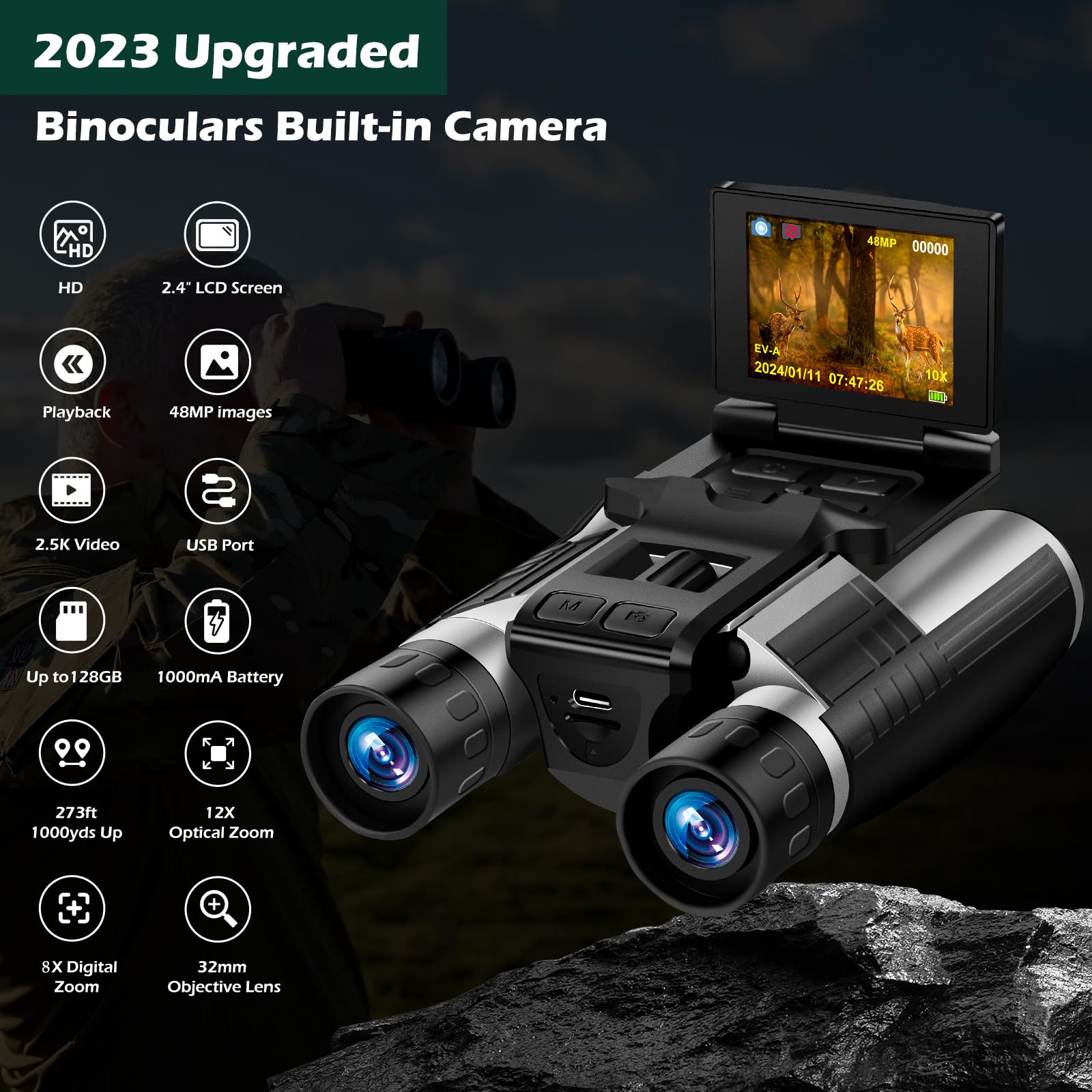 Camonity Digital Binoculars Camera, 2.4" Lcd Display 12X 48Mp Pictures 2.5K Videos Camera With 32Gb Card, Binoculars For Bird Watching Hunting Outdoor Adventures (Dt40)