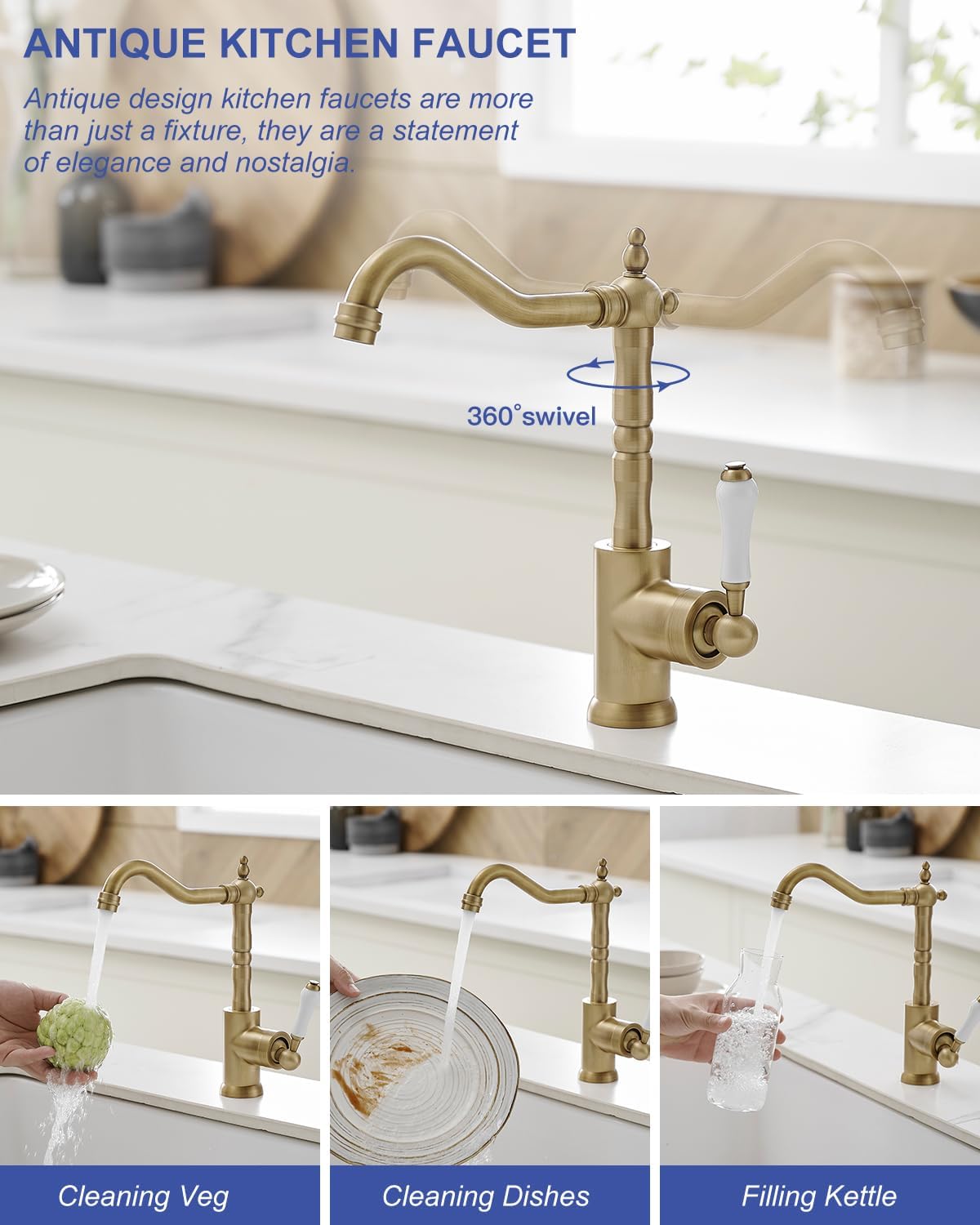 Greenspring Antique Brass Kitchen Sink Faucet Single Handle Kitchen Faucet 360 Degree Swivel Mixer Tap Wet Bar Sink Faucet Farmhouse Single Hole Uitility Laundry Faucet With Supply Line
