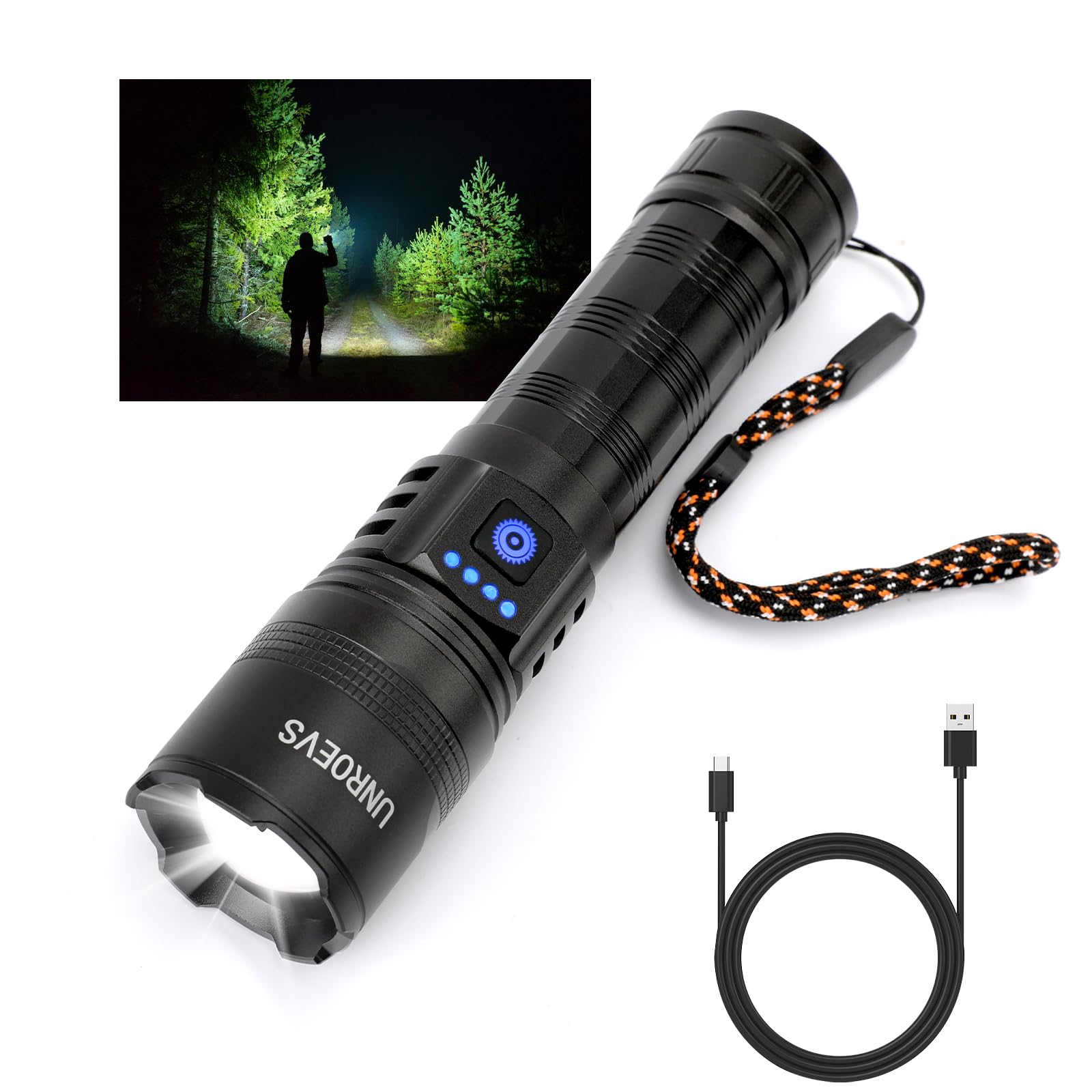 Unroevs Rechargeable Flashlights High Lumens, High Power Led Flashlights With 5 Modes ，Super Bright Zoomable Flashlight, Handheld Flash Light For Emergencies, Camping