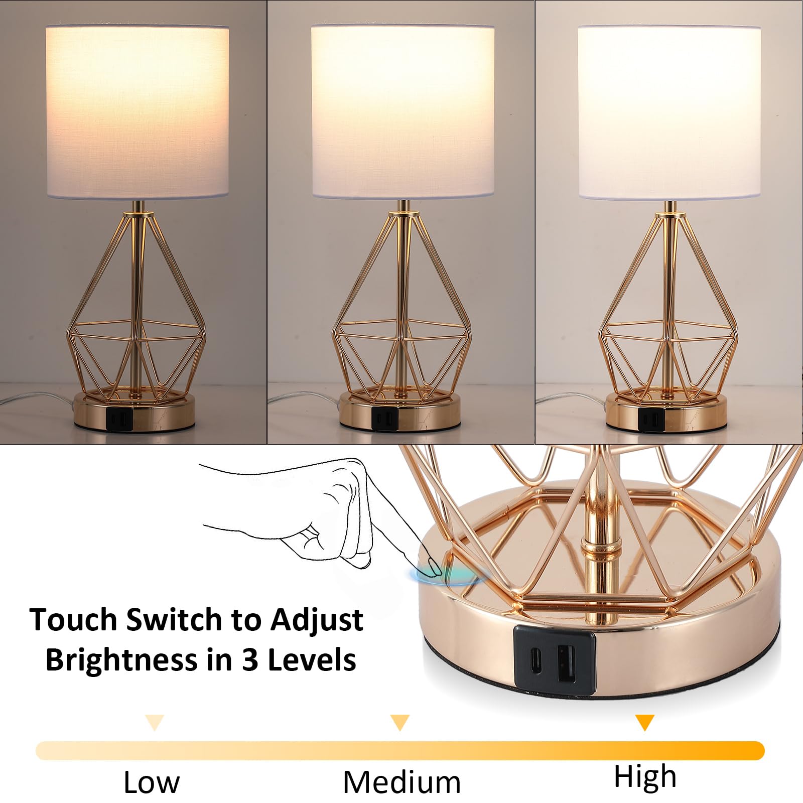 Qhantomize Table Lamp With Usb Port, 3 Way Dimmable Touch Lamps For Nightstand, Modern Small Bedside Lamp With Fabric Shade, Gold Side Table Lamp For Bedroom Living Room, Usb A & Usb C, Led Bulb Included