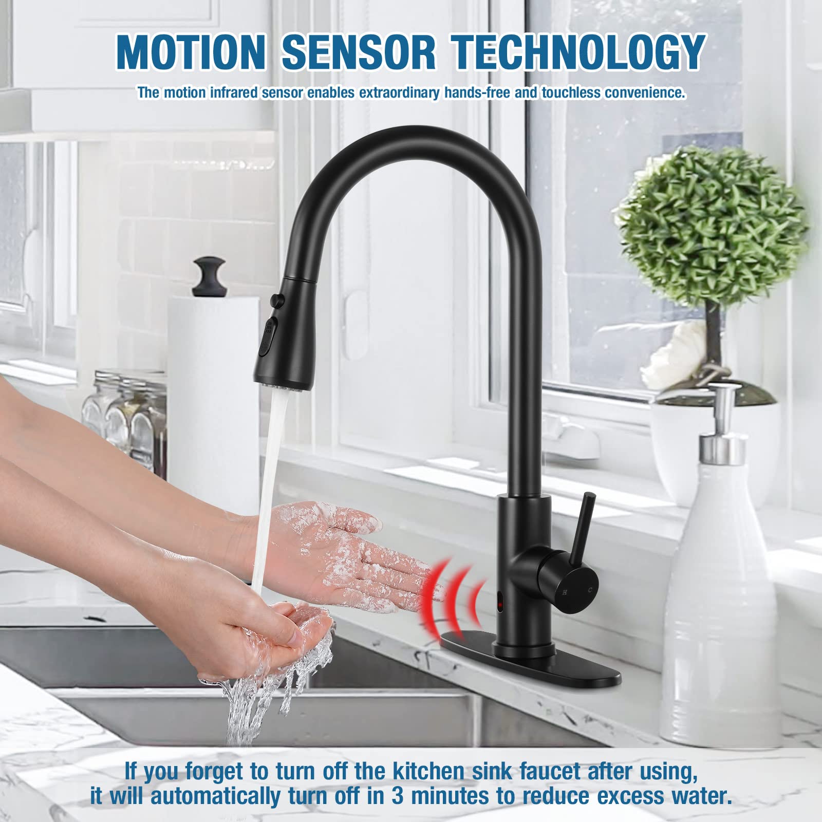 Fgkq Touchless Kitchen Faucet With Pull Down Sprayer, Black High Arc Single Handle Single Hole Commercial Kitchen Sink Faucet For Bar Rv
