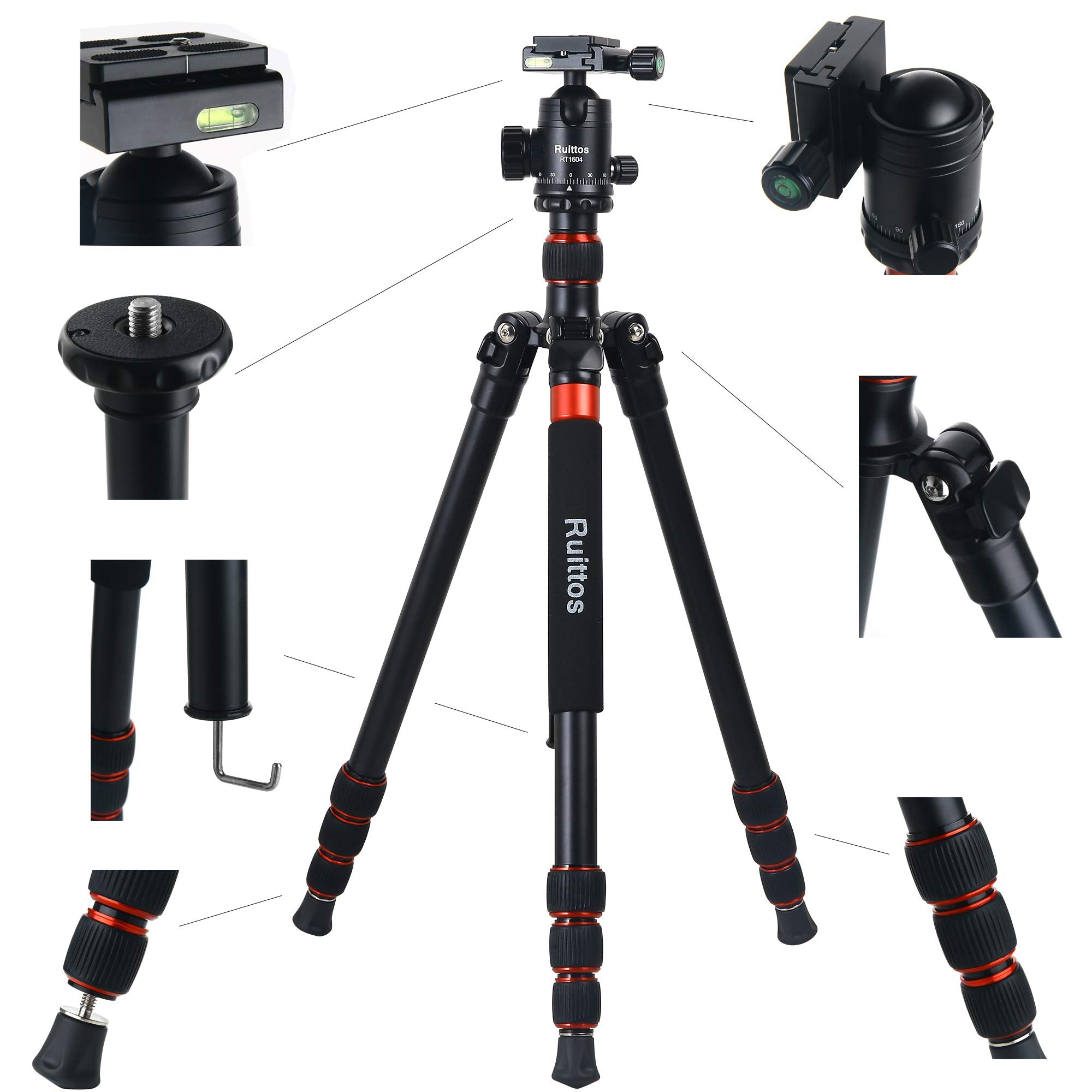 Ruittos Tripod For Camera, 64" Camera Tripod Stand, Dslr Tripods & Monopods, Heavy Duty Travel Tripod For Binoculars Laser Level Spotting Scope Telescope, Professional Complete Tripod Units