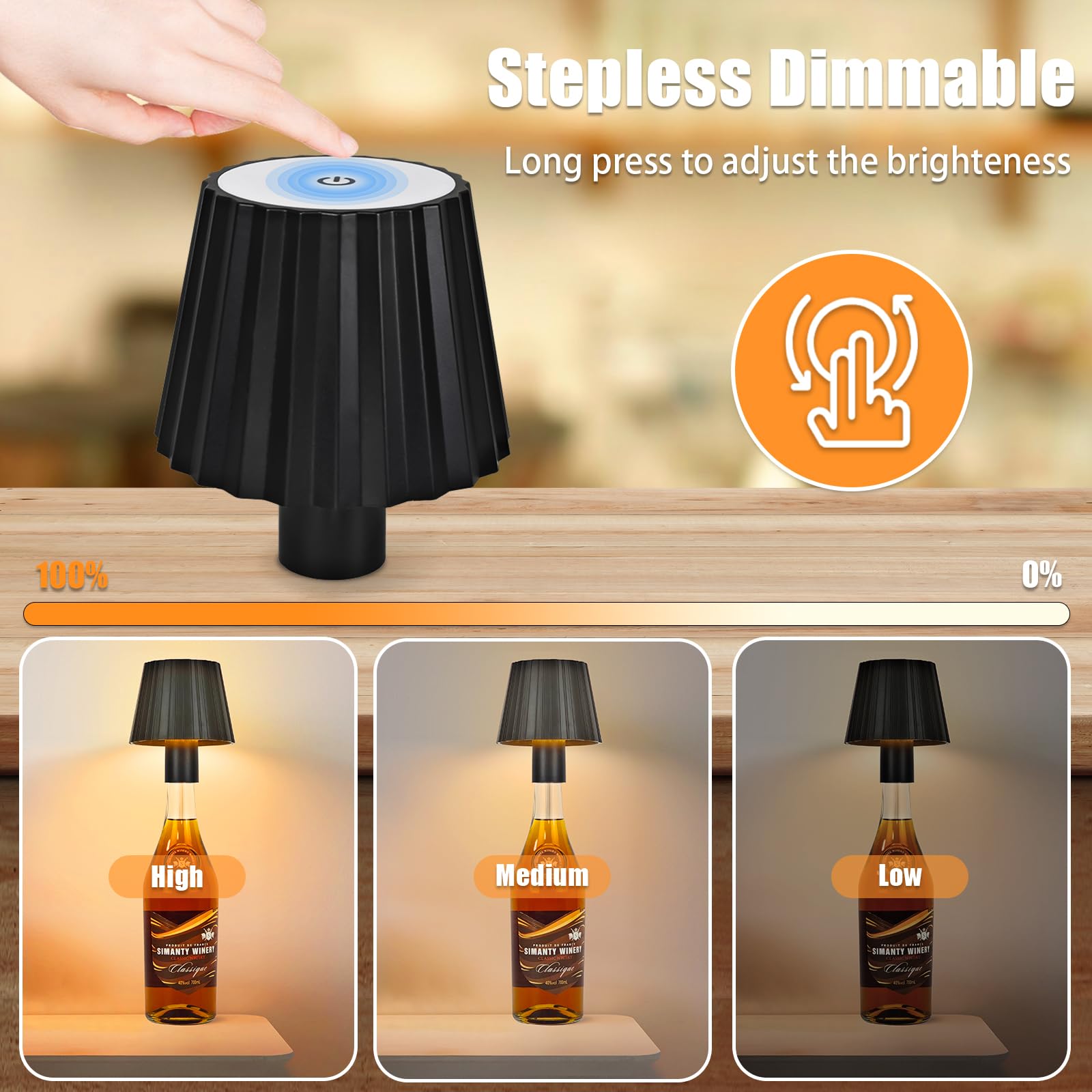 Fisca 2 Pack Wireless Bottle Lamp, 5200Mah Rechargeable Led Wine Bottle Lamp Top, Touch Control Dimmable Portable Table Lamps Shade Desk Wine Bottle Light Head For Restaurant/Bar (3 Color)