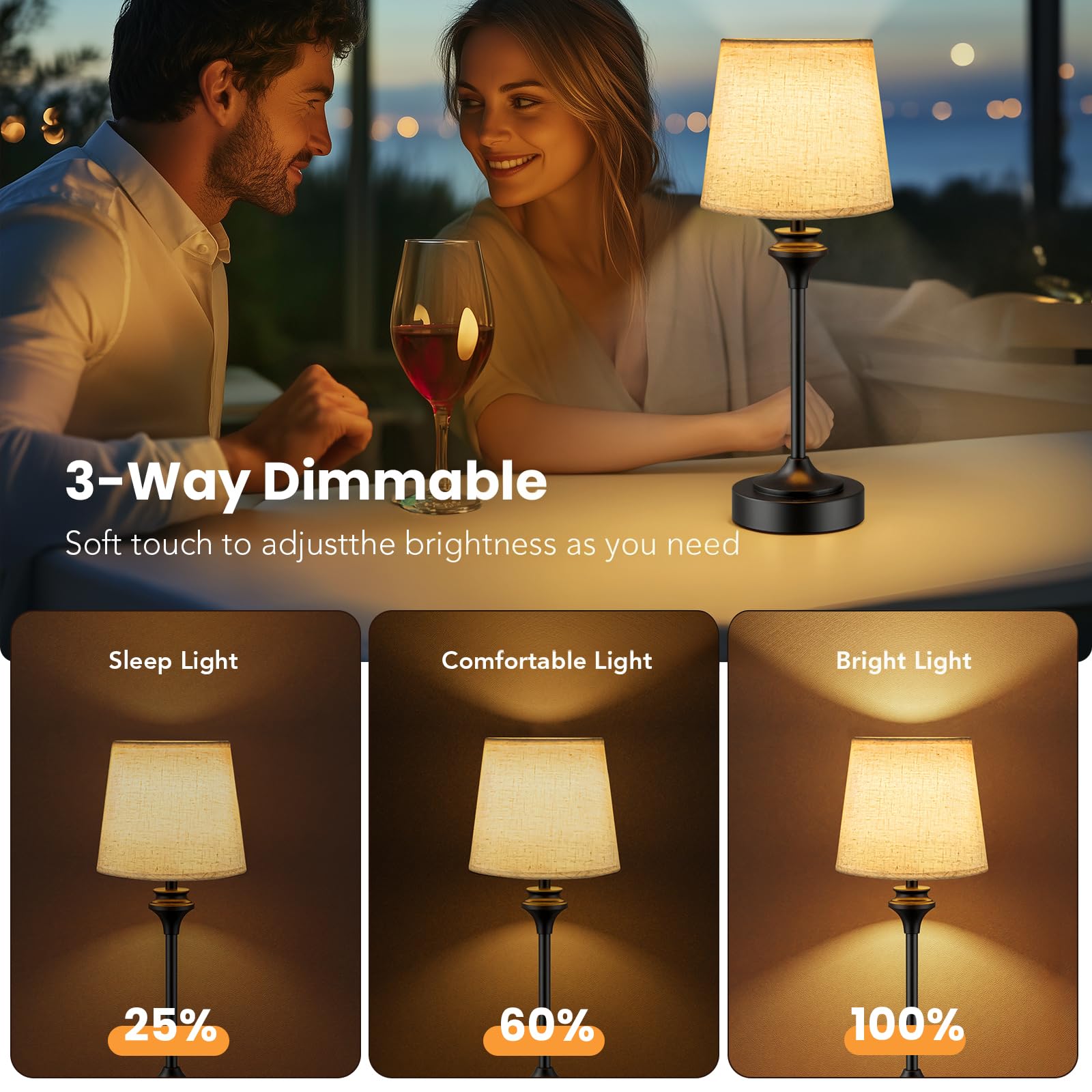 Niorsun Portables Cordless Table Lamp Set Of 2,Flaxen Fabric Shade Battery Operated Lamp, Bedside Table Lamp With Warm White,3 Way Dimmable Touch Desk Lamp For Bedroom Living Room Restaurant (Black)