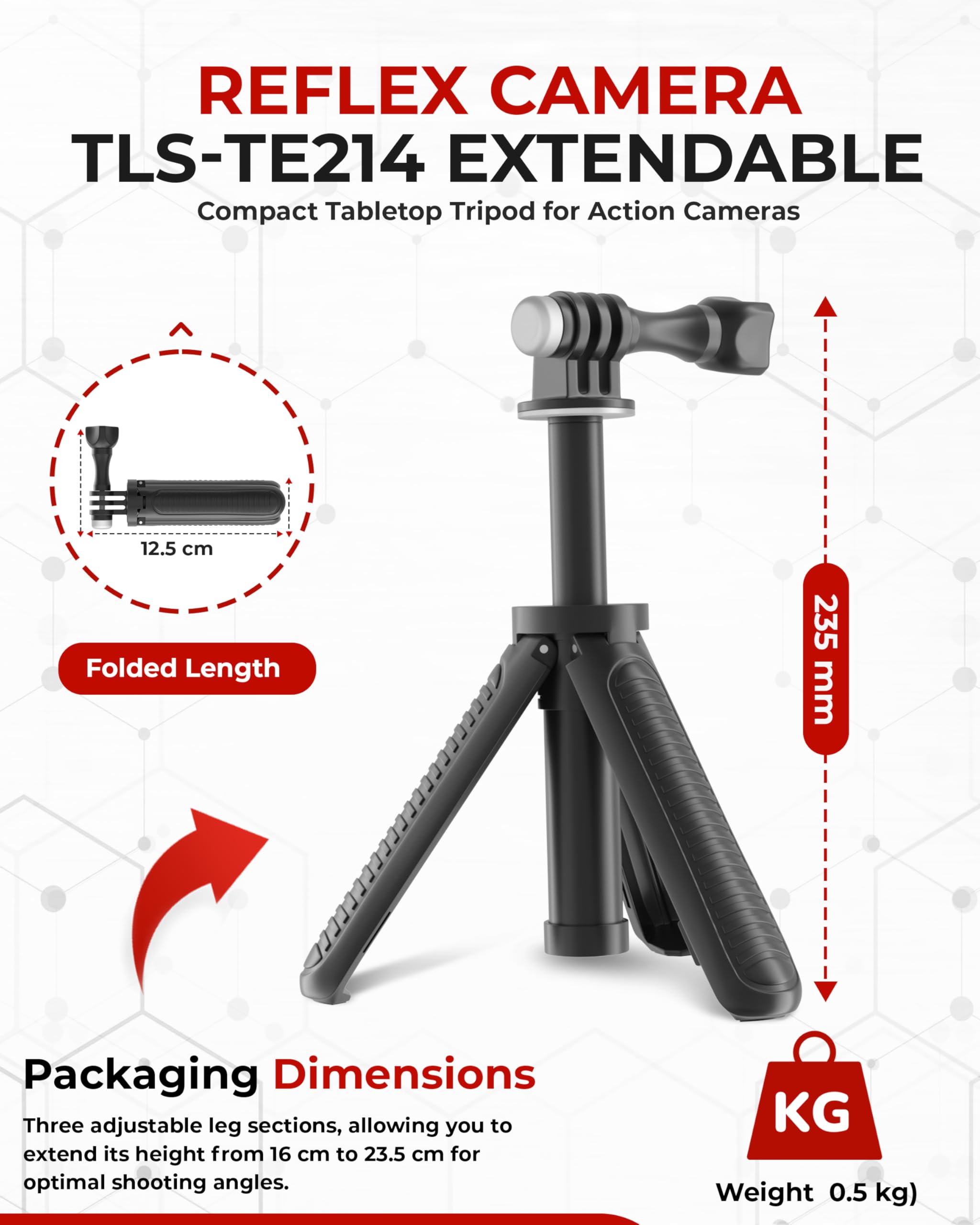Reflex Camera 9.4" 23Cm Pocket Selfie Stick - Mini Tripod For Action Cameras 3 Adjustable Heights Compatible With Gopro Hero 13/12/11/10/9/8/Max, Dji Osmo Action 4/3/2/1, Insta 360 & Other Action Cams