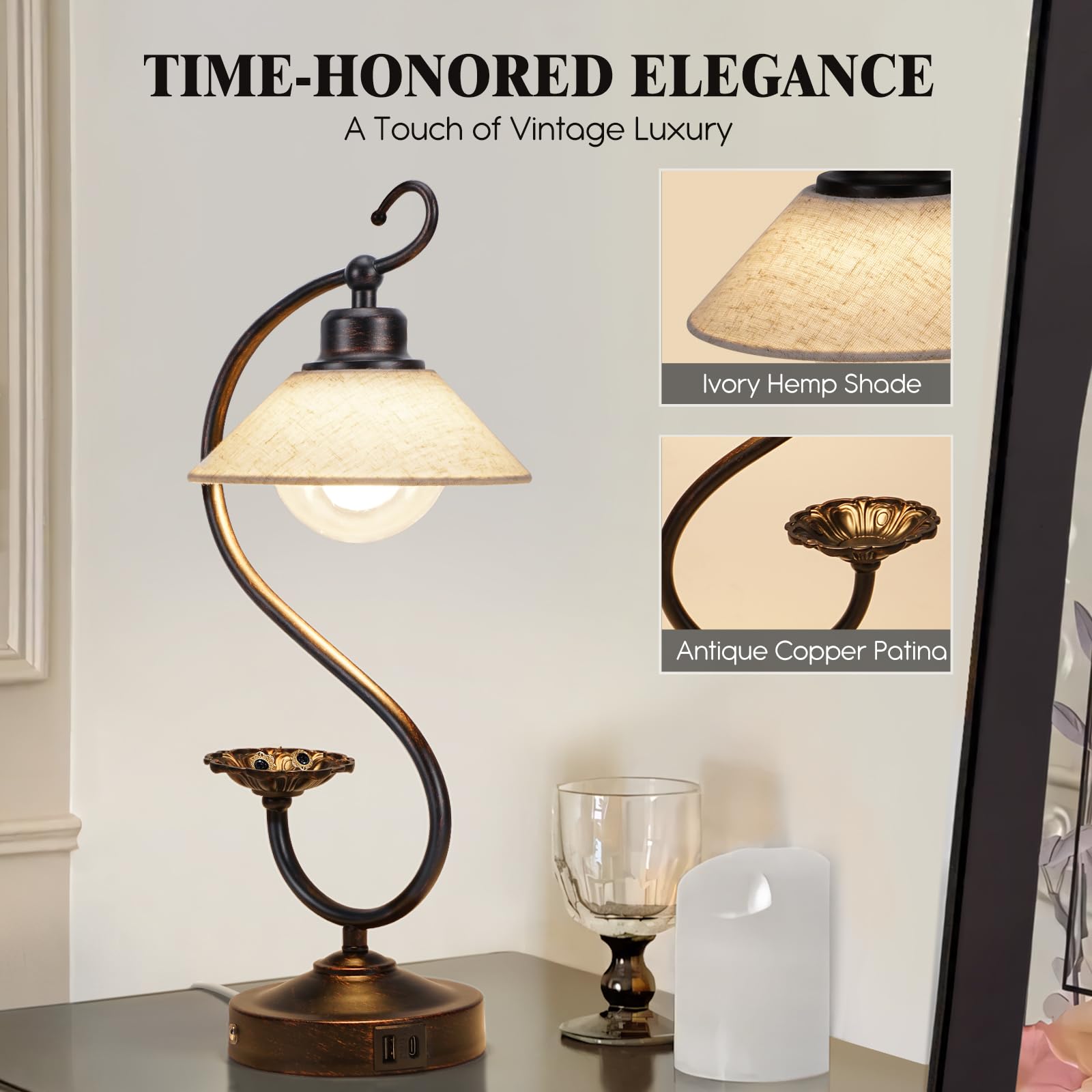 Hymela V05 Vintage Flower Table Lamp - Dimmable Nightstand Lamps With Usb C+A Charging Ports, Farmhouse Touch Bedside Lamp, Unique Small Led Lamps For Bedroom, Living Room, Entry, Dining, Entryway