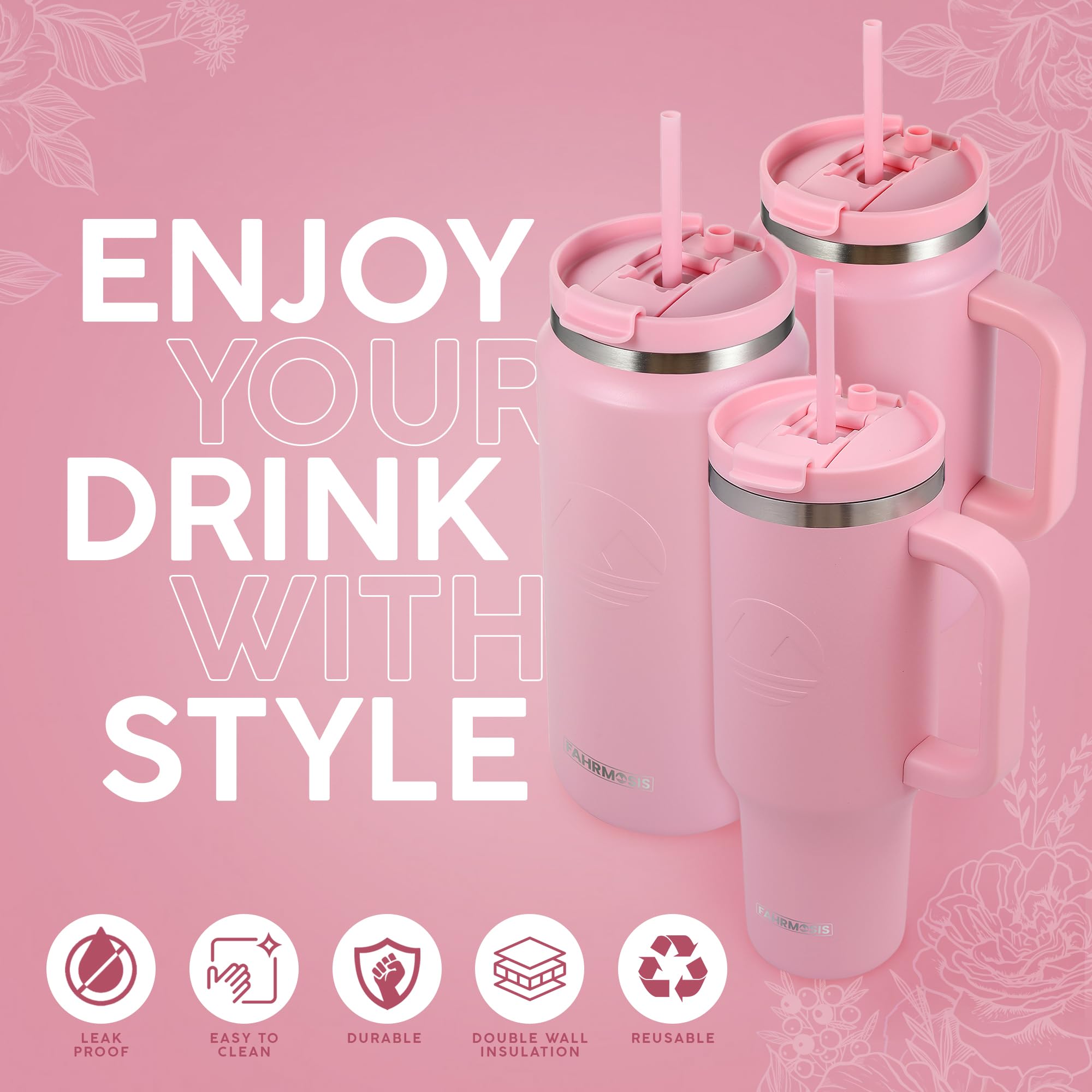 64 Oz Tumbler With Handle And Straw Half Gallon Water Bottle Stainless Steel Travel Mug