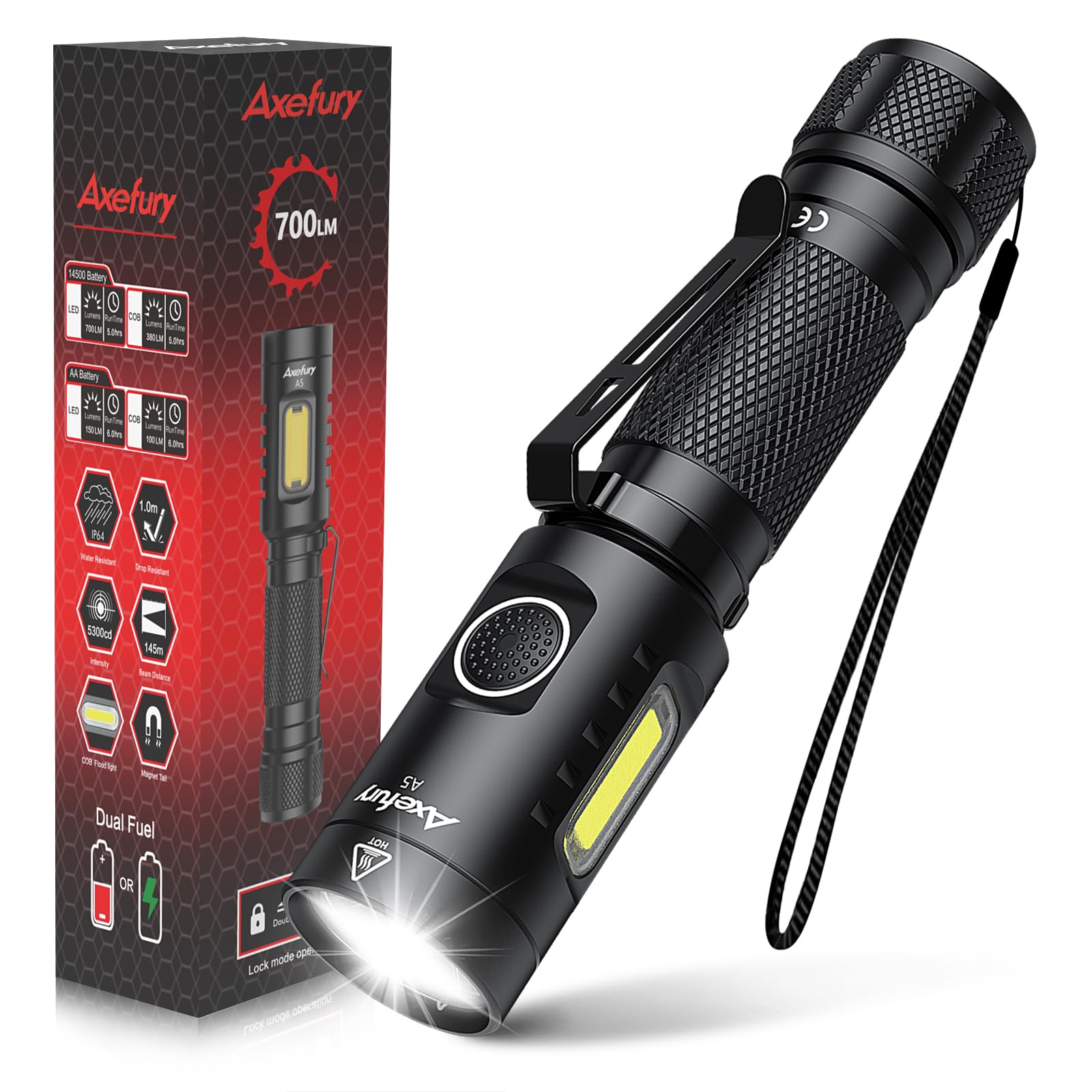 Axefury Flashlight, Magnetic Led Flashlight,Small Powerful Edc Flashlight A5 With Cob Side Light,700 Lumens,6 Modes,2 Types Batteries,Waterproof For Camping, Emergency(Not Included Battery) 