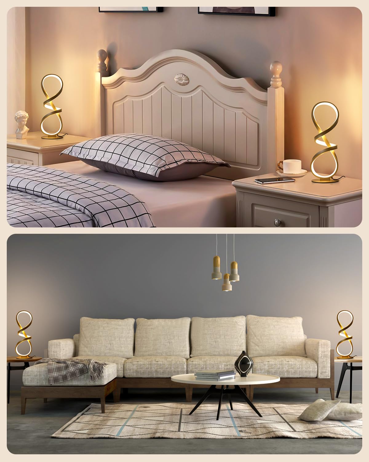 Jioodich. 2 Pack Table Lamps, Led Touch Dimmable Spiral Desk Lamp, 3 Color Temperature Modern Nightstand Lamp, Unique Bedside Lamp For Living Room, Bedroom, Cool Lamps For Ideal , Gold