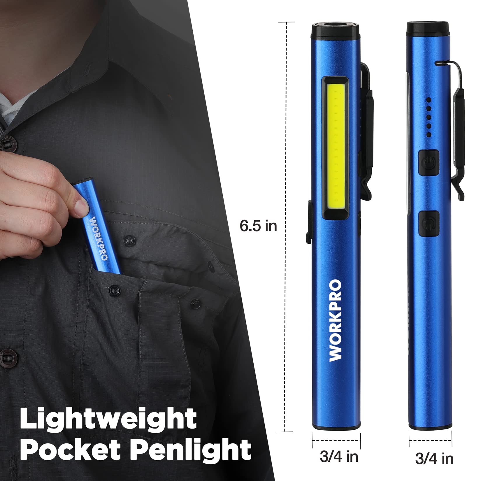 Workpro Rechargeable Flashlight, Led Pen Light With 365 Nm Uv Black Light, 450 Lumen Pocket Penlight, Magnetic Clip, For Hurricane Deluge Flood Emergency