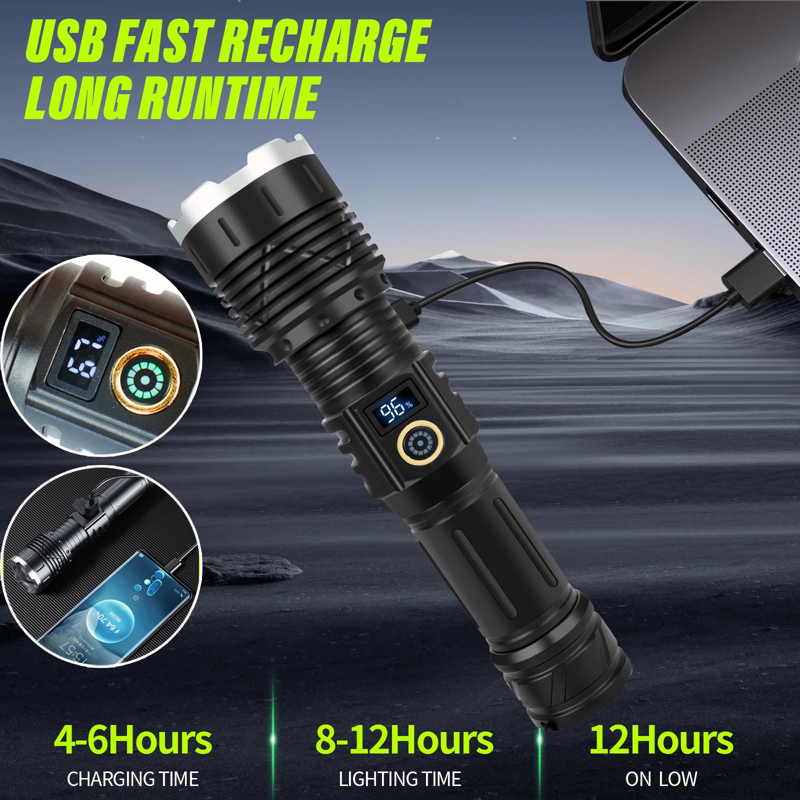 Buntey Rechargeable Flashlights High Lumens，Led Flashlights，High Powered 250,000 Lumens Super Bright Utility ，2Led Bulb,Brightest Flashlight，Handheld Flash Light For Emergencies, Camping, Hiking