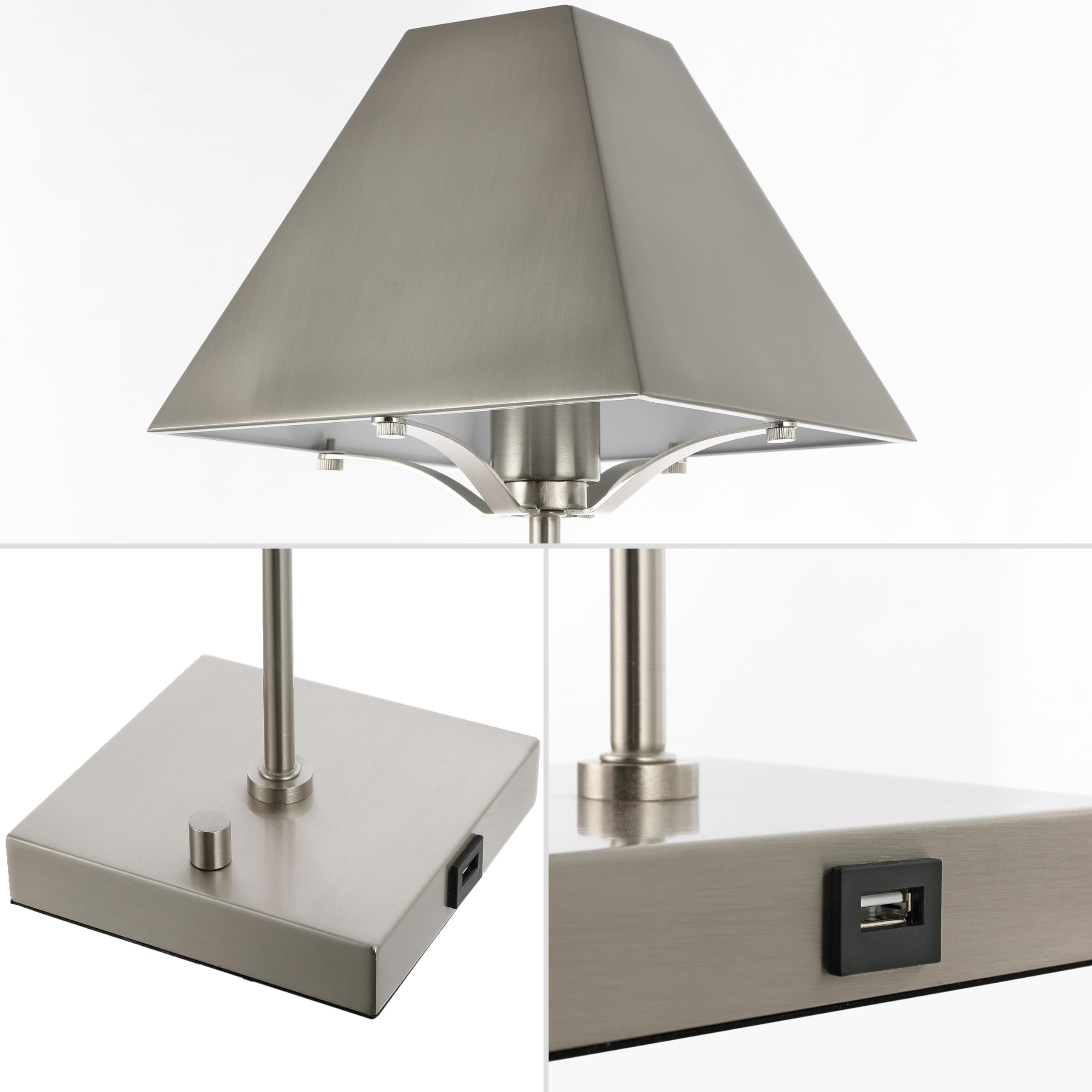 Jonathan Y Jyl6017A Ruthen 25" Industrial Style Iron Pyramid Bedside Led Table Lamp With Usb Charging Port Contemporary, Minimalist, Casual, Art Deco, Office, Living Room, Dining Room, Bedroom, Nickel