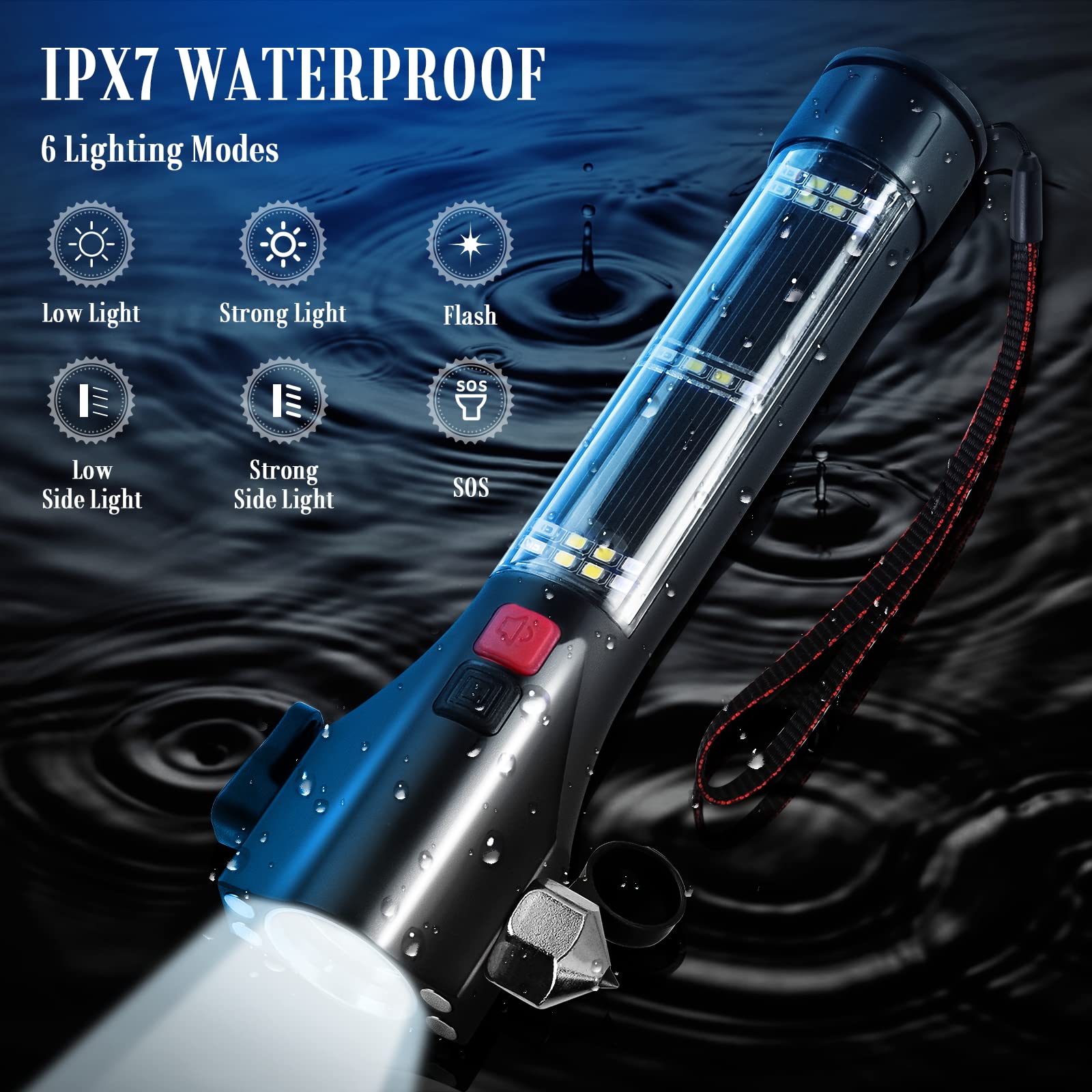 Unicumoo Solar Powered Car Safety Hammer Flashlight With Seatbelt Cutter, Led High Lumens, Red And Blue Sos Flashing, Usb Charging, Magnetic Attraction, Portable Design