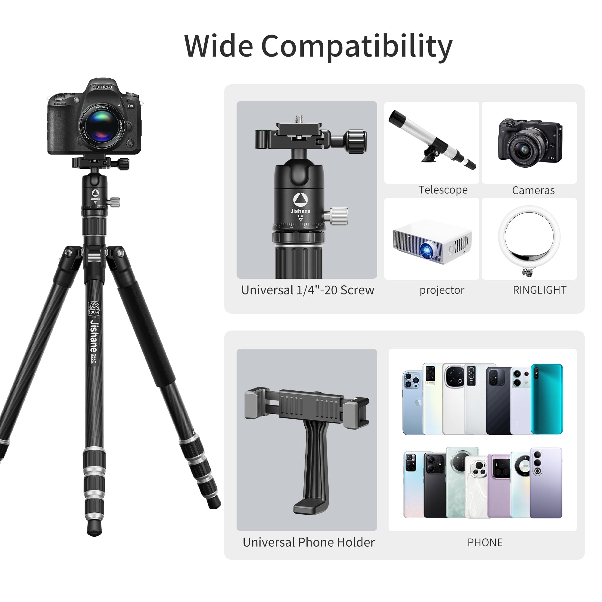 Jishane Carbon Fiber Camera Tripod, 62" Professional Video Tripod With 360° Ball Head, Phone Holder & 1/4" Arca Qr Plate, Compact Travel Monopod For Dslr/Smartphone, Max Load 17.6 Lbs/8Kg