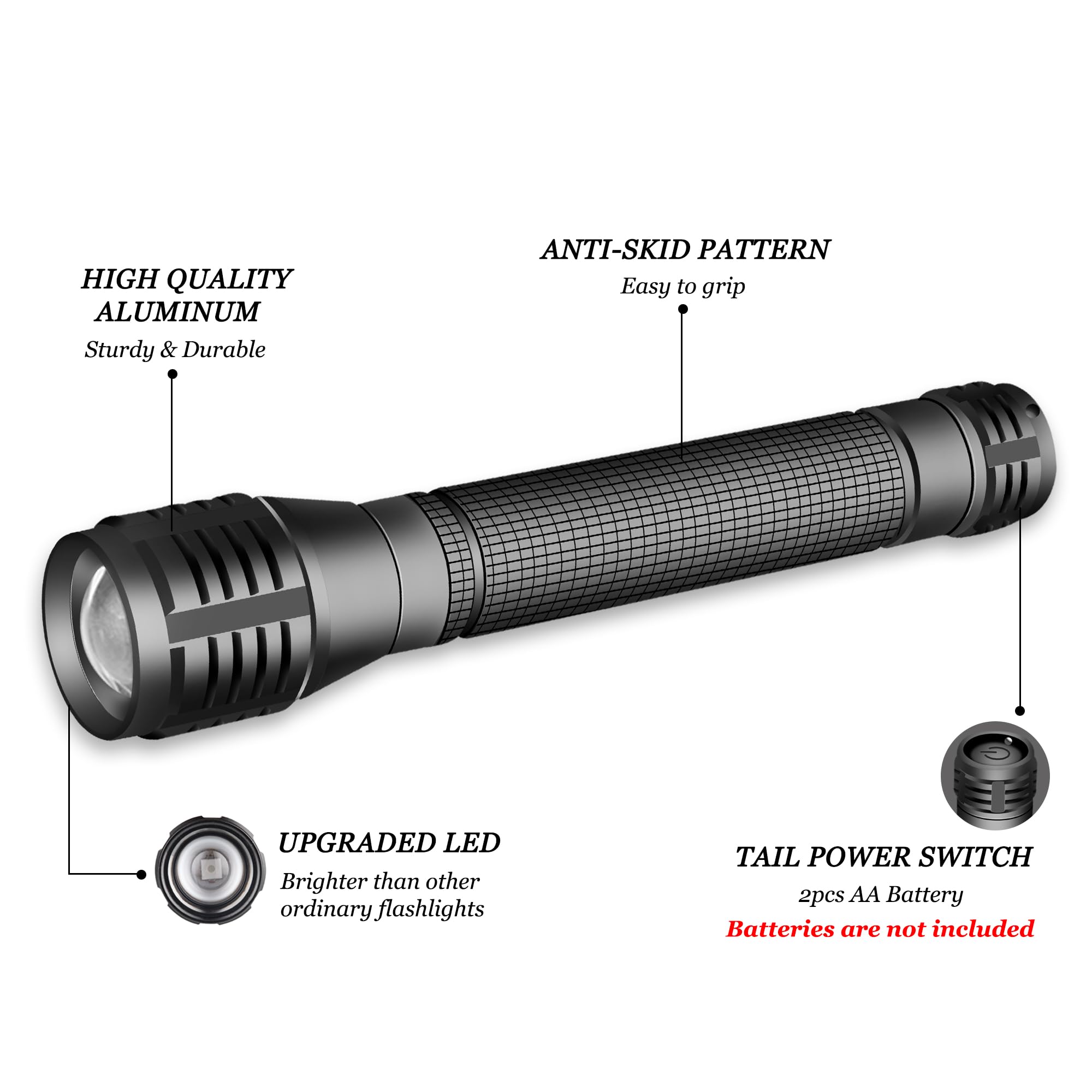 Aukvi Led Flashlight, 3 Modes, Adjustable Focus, 2000 Lumens, Aa Battery Powered, For Camping, Emergency, Hiking