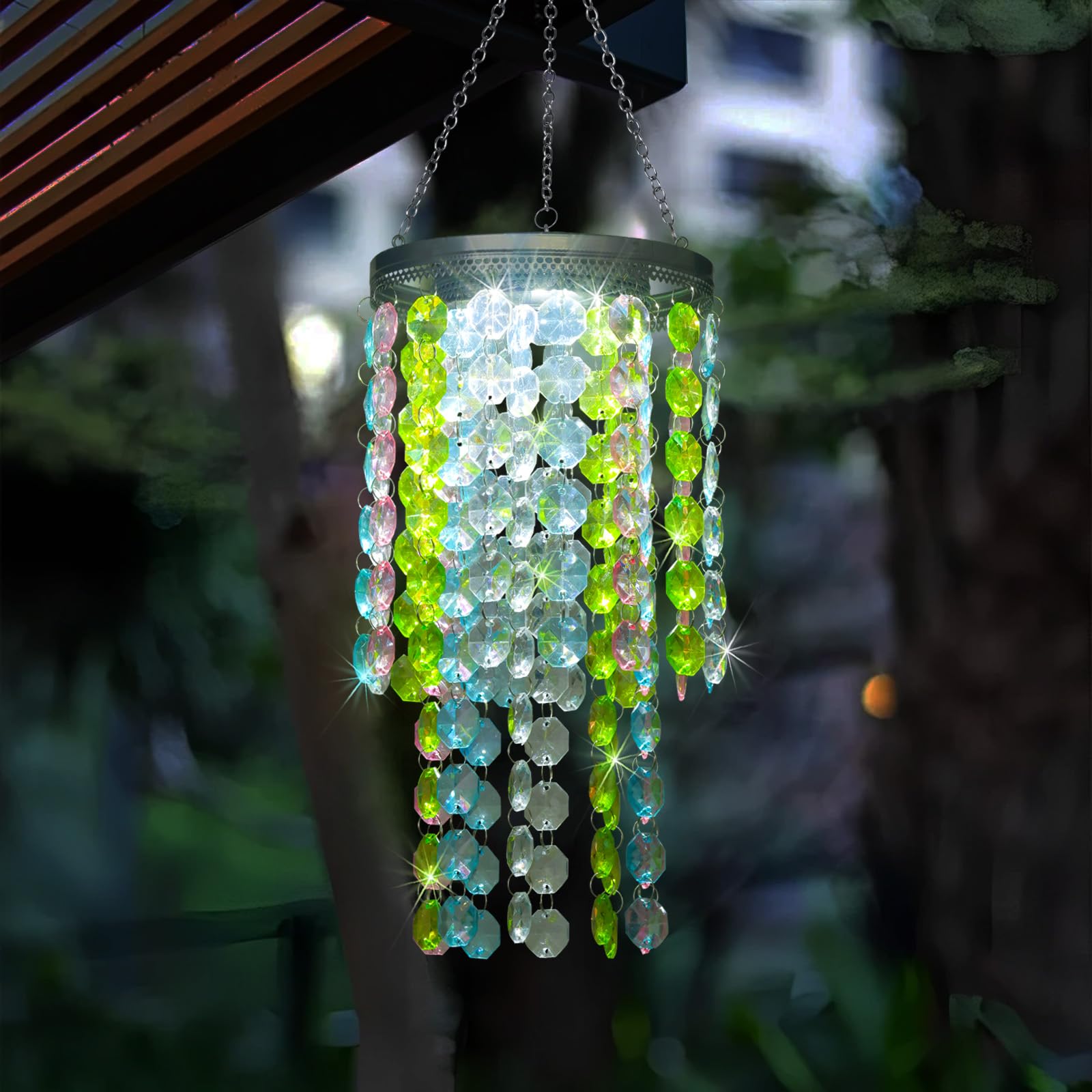 Lewis&Wayne Hanging Solar Crystal Chandelier Outdoor, 21” Modern Solar Multicolor Acrylic Beaded Lantern With Cool White Led S Hooks For Garden Yard Patio Gazebo Outside Decor