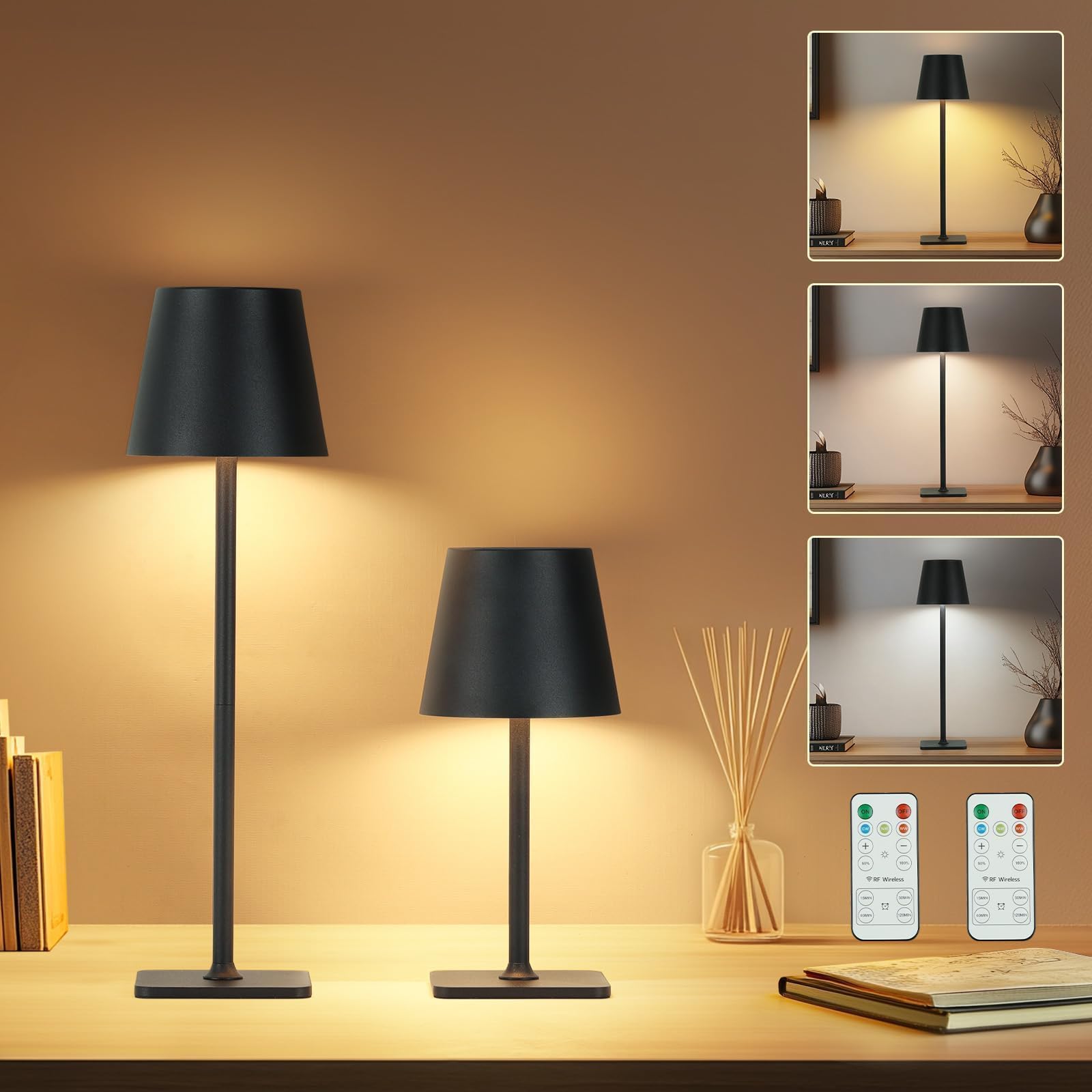 Czgor Cordless Table Lamp With Timer 2 Pack, Rechargeable 5200Mah Battery Operated Lamp With Remote, Adjustable Heights, 3-Color Stepless Dimming, Small Led Table Lamp For Bedroom Dining Office(Black)