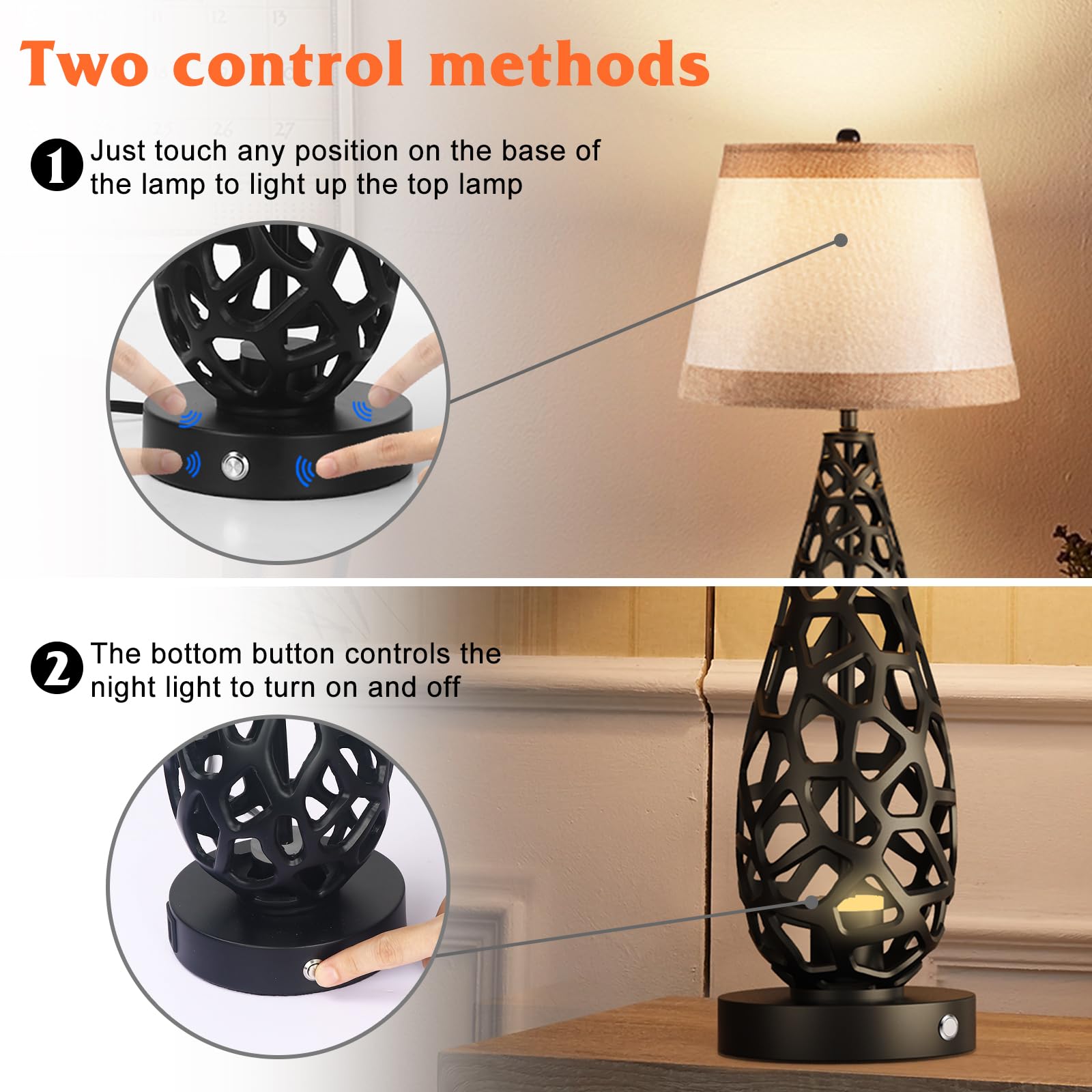 Bird&Fish Touch Control Table Lamp Modern Bedside Lamp Bedroom Lamps 3 Color Dimmable Nightstand Lamp Night Lamp Desk Lamp For Living Room Hollow With Usb-A And Usb-C Charging Ports (Black-1)