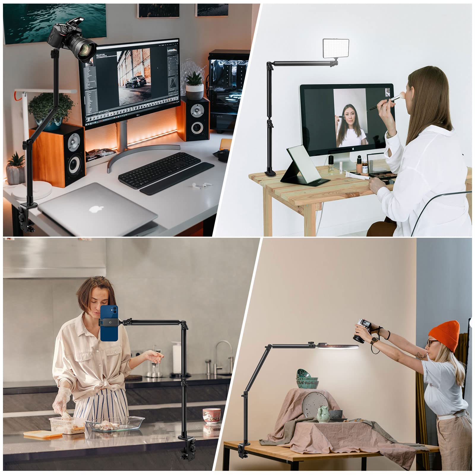 Obeamiu Overhead Camera Mount Desk Stand, Flexible Articulated Arm Dslr Desk Mount Light Stand Phone Holder With 1/4" 3/8'' 5/8'' Screw, Clamp Tabletop Stand For Podcasting/Light/Blue Yeti Nano/Webcam