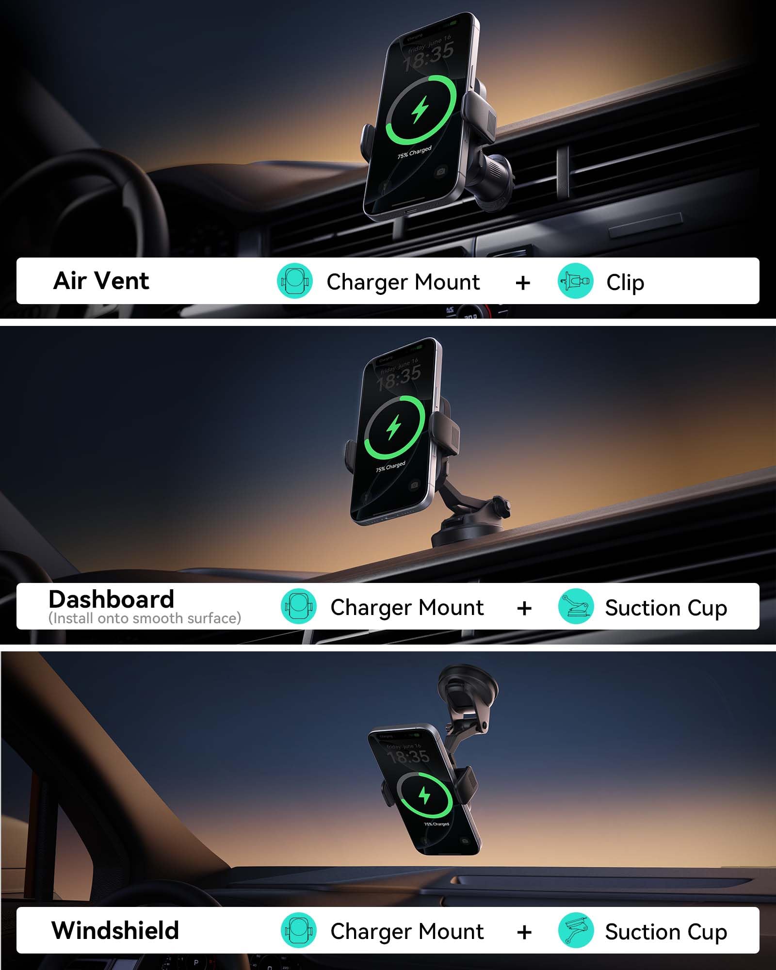 Iniu For Magsafe Car Mount Charger, Qi2  15W Wireless Car Charger, Ultra Strong Magnet, Car Phone Mount With Cooling Fan, Air Vent Dash Phone Holder Mount For Iphone 16 15 14 13 12 Series