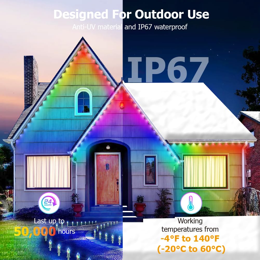Ecomylife Solar Permanent Outdoor Lights For House, 50Ft Smart Rgb Plus Ic String Light For Outside With 66 Modes, Work With Alexa, Ip67 Waterproof Led Strip Lights For All Holiday Decor (Solar-Powered 50Ft)