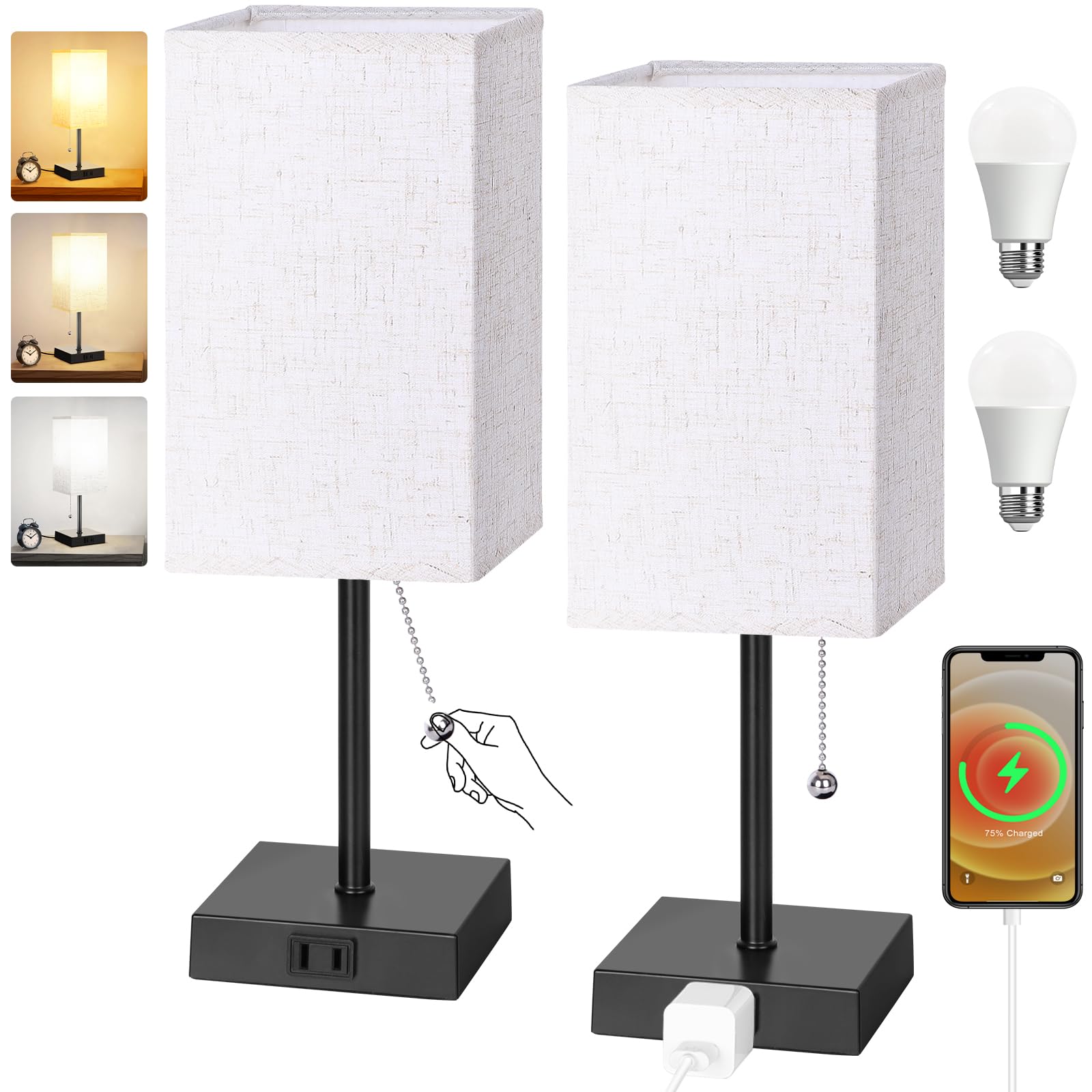 Plmmy Table Lamp For Bedroom Set Of 2, Bedside Lamps With 3 Color Temperatures Night Light, Lamp For Night Stands With Ac Outlet And Square Shade, Pull Chain Small Desk Lamp For Living Room Home Decor